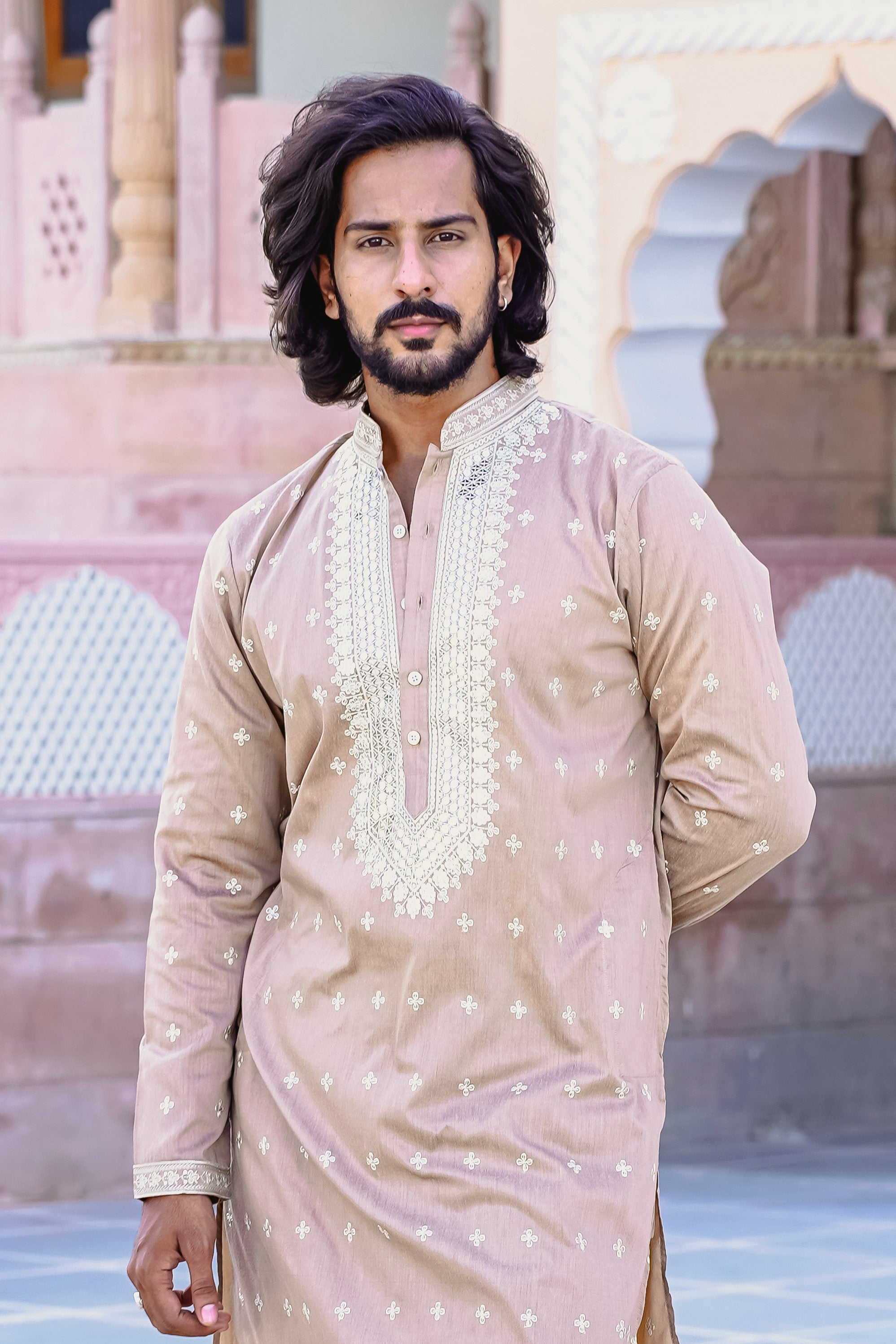 CUBAN SAND NECK EMBROIDERED KURTA SET FOR MEN WITH INTRICATE SEQUINS DESIGN