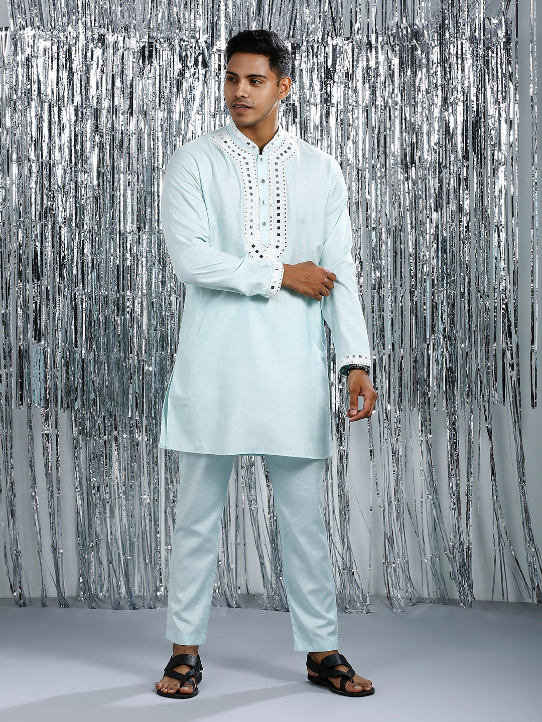 HINT OF MINT MIRROR WORK MID-LENGTH KURTA PYJAMA SET