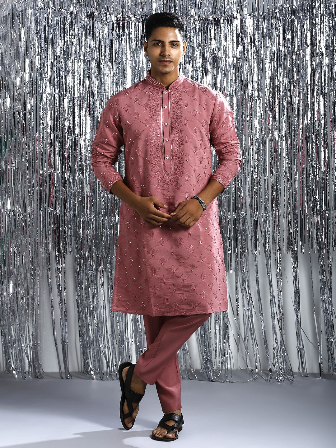 CHATEAU ROSE KURTA PYJAMA SET WITH INTRICATE EMBROIDERY WORK