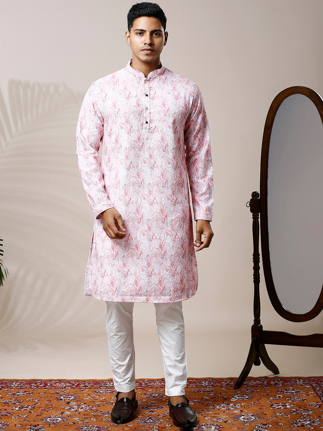 MARBLE PINK PRINTED KURTA PYJAMA SET WITH EMBROIDERY & WATER SEQUIN