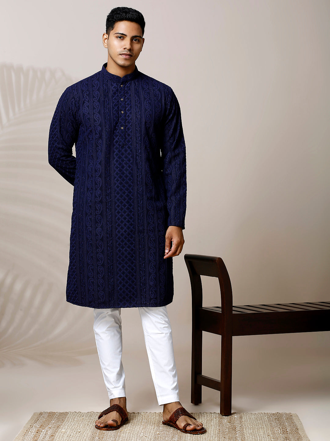 INDIGO BLUE GEORGETTE PAISLEY DESIGN CHIKANKAR KURTA WITH LINING