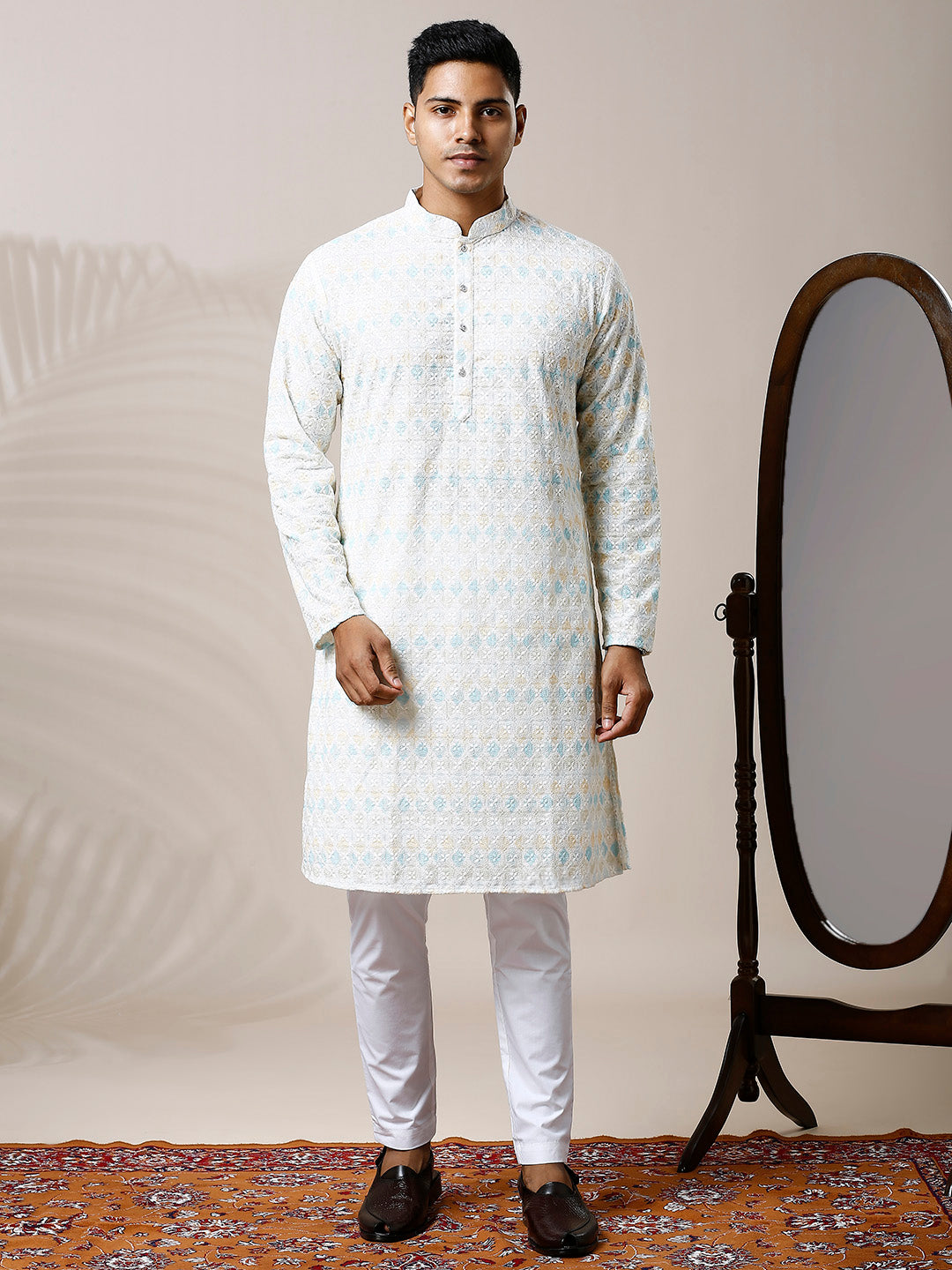 HINT OF BLUE PRINTED KURTA PYJAMA SET WITH INTRICATE EMBROIDERY