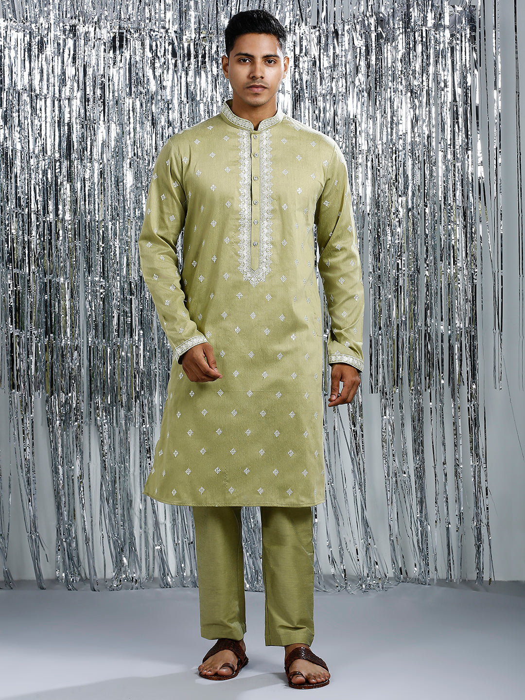 LILY GREEN KURTA SET WITH INTRICATE EMBROIDERY AROUND NECKLINE