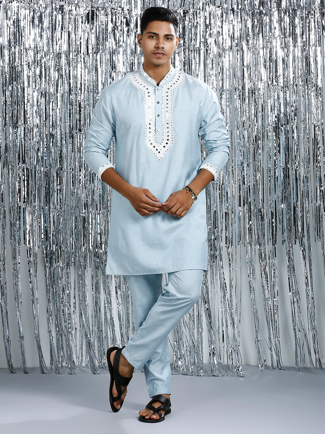 DELICATE BLUE MIRROR WORK MID-LENGTH KURTA PYJAMA SET