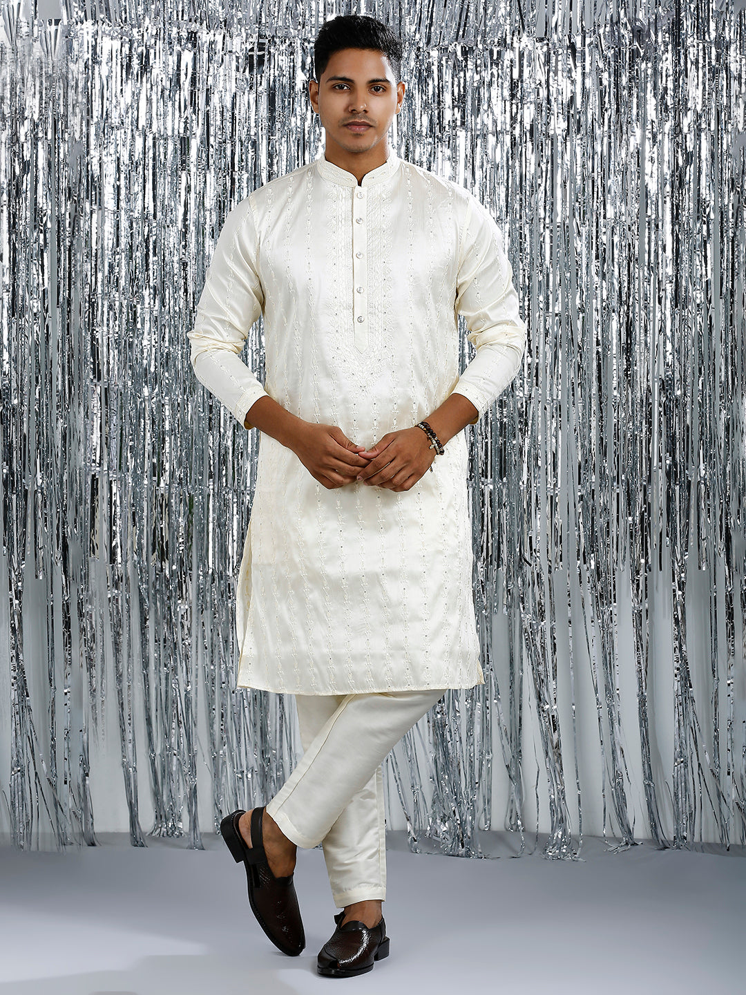 PEARLED IVORY KURTA PYJAMA SET WITH INTRICATE EMBROIDERY WORK