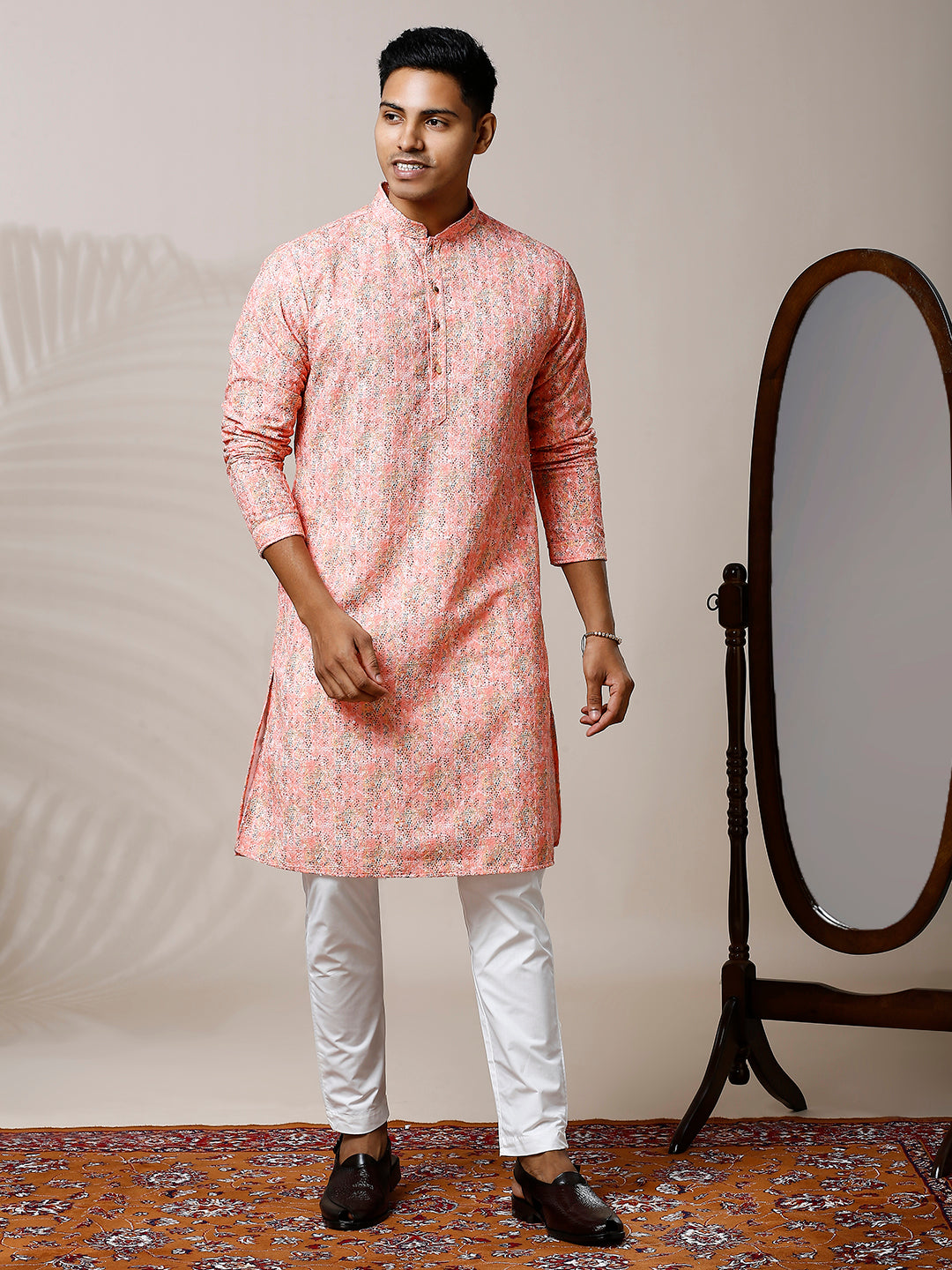 CANDLELIGHT PEACH PRINTED KURTA PYJAMA SET WITH EMBROIDERY & WATER SEQUIN