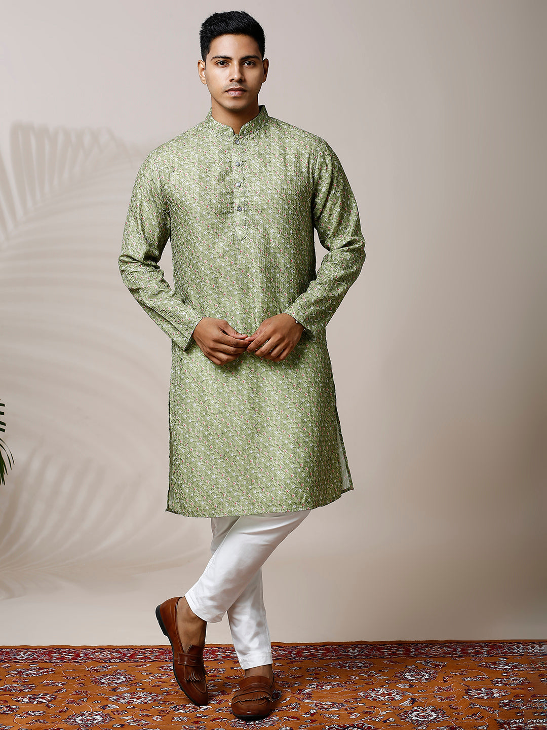 WATERCRESS GREEN PRINTED KURTA SET WITH ZARI & EMBROIDERY