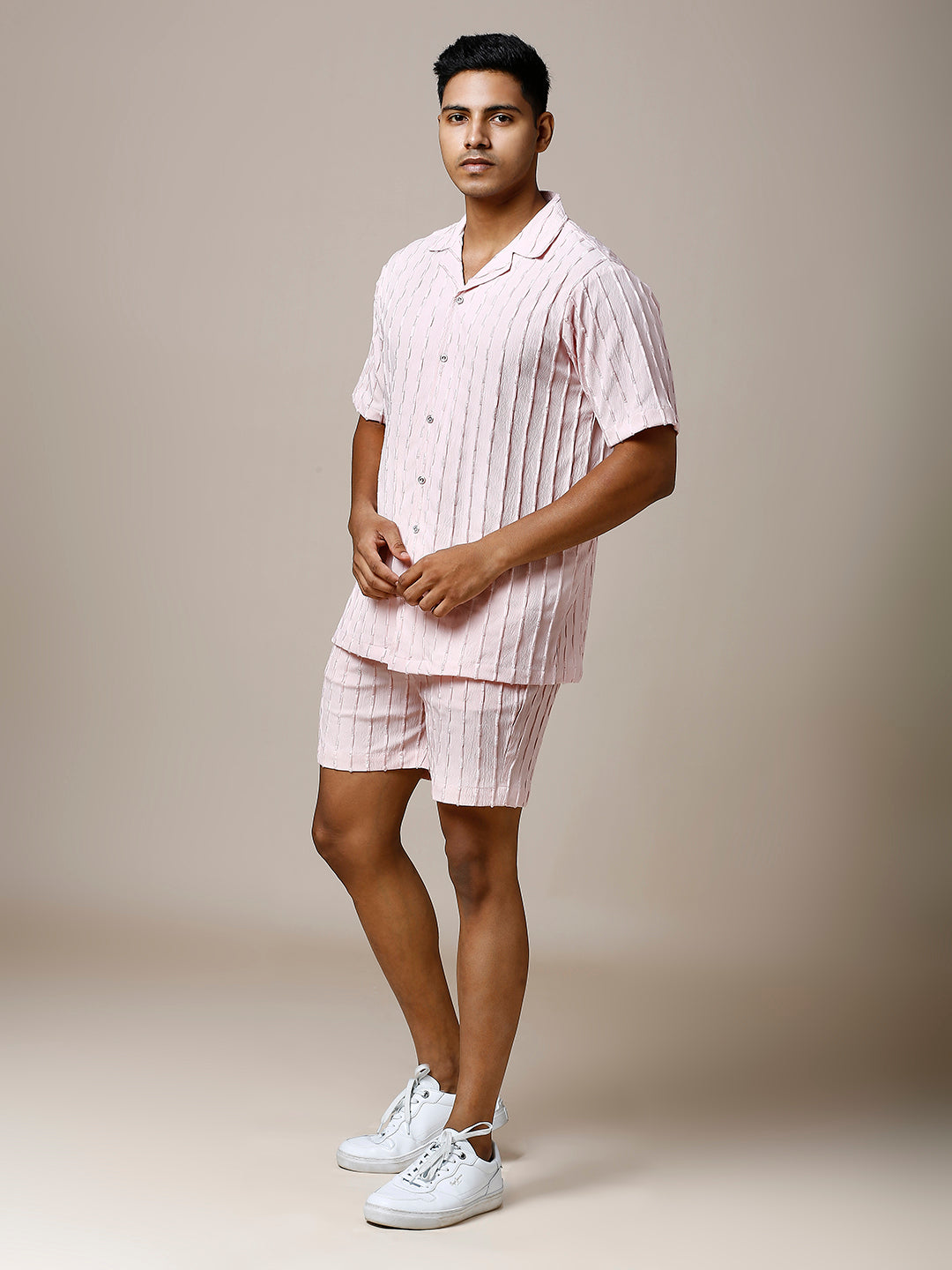 PINK STIRPED CO-ORD SET SHIRT WITH SHORT FOR MEN