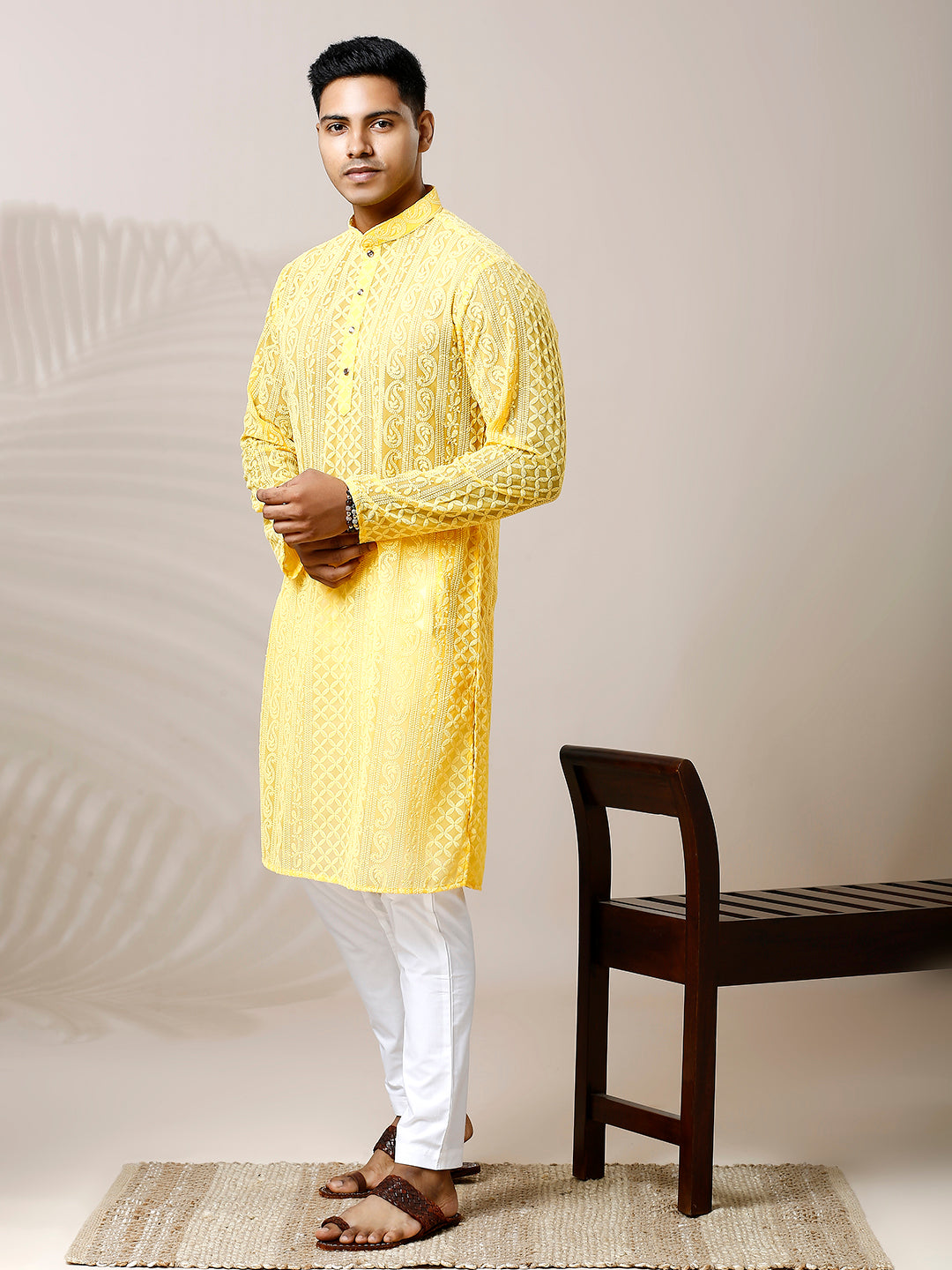 Men chikan kurta yellow