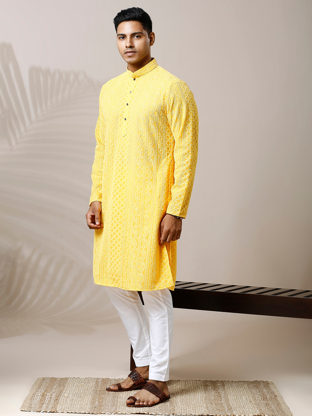 SUMMER YELLOW GEORGETTE PAISLEY DESIGN CHIKANKARI REGULAR FIT KURTA WITH LINING