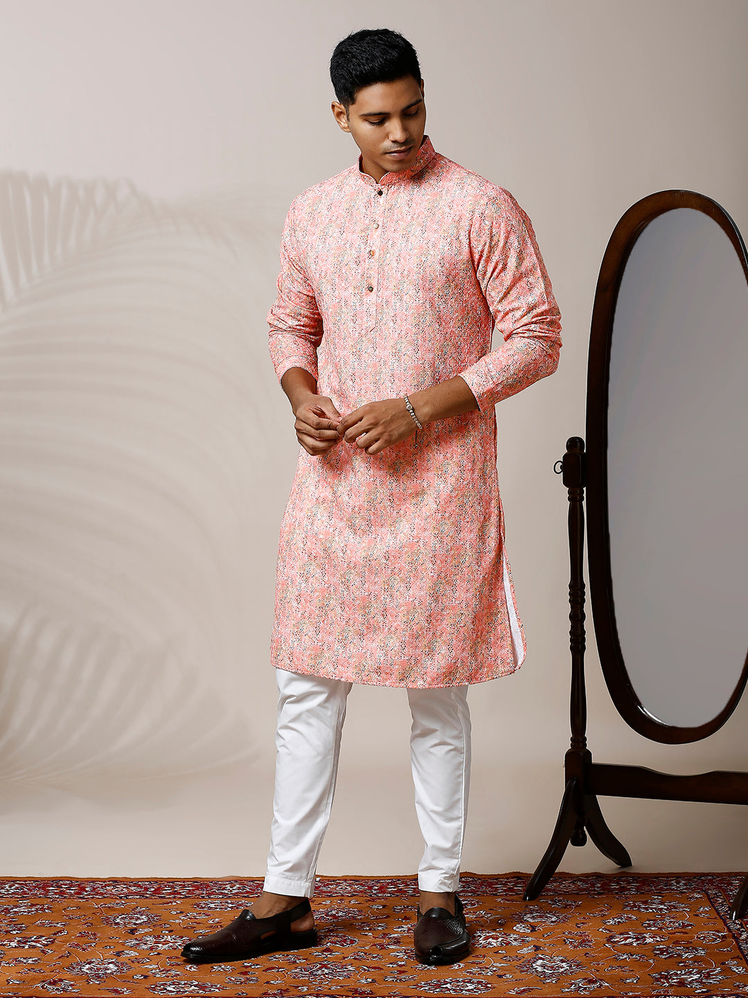 CANDLELIGHT PEACH PRINTED KURTA SET WITH EMBROIDERY & WATER SEQUIN