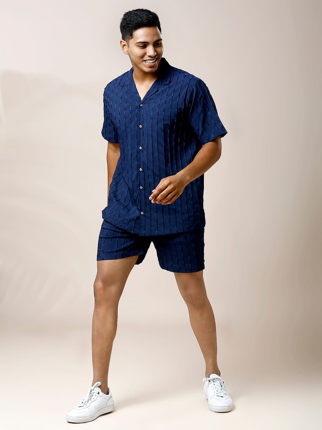 NAVY BLUE STIRPED CO-ORD SET SHIRT WITH SHORT FOR MEN