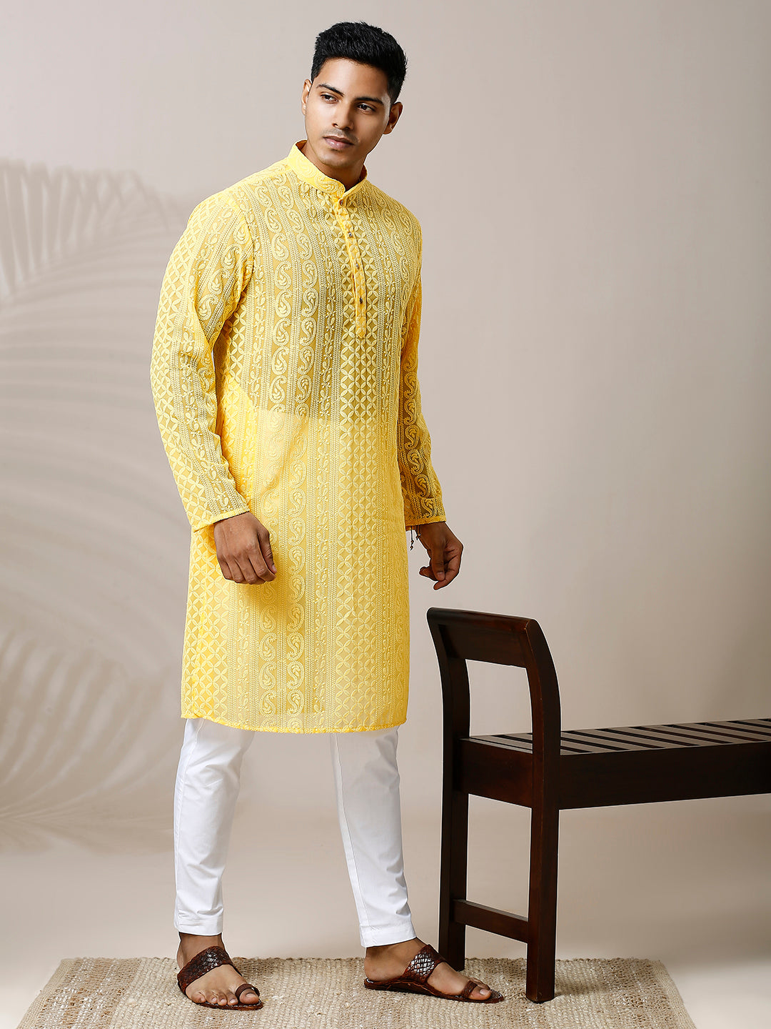 SUMMER HALDI YELLOW CHIKANKARI LUCKNOWI LAKHNAVI KURTA PAISLEY DESIGN HEAVY EMBROIDERY COTTON GEORGETTE