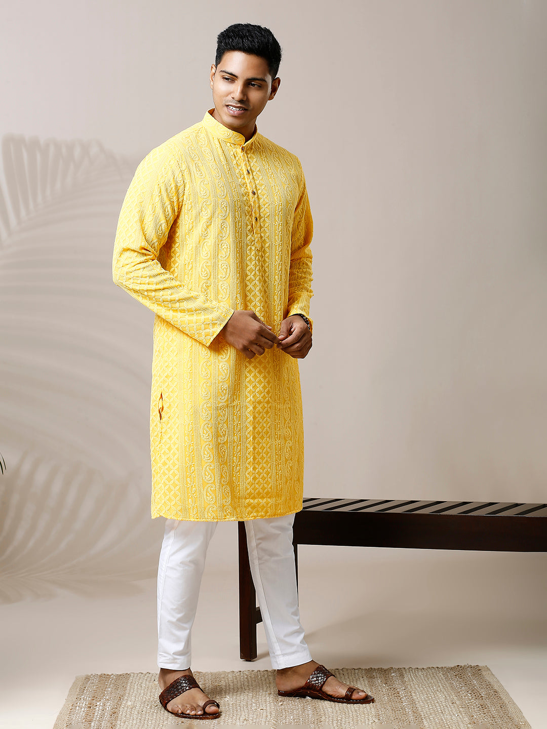 SUMMER YELLOW GEORGETTE PAISLEY DESIGN CHIKANKARI REGULAR FIT KURTA WITH LINING