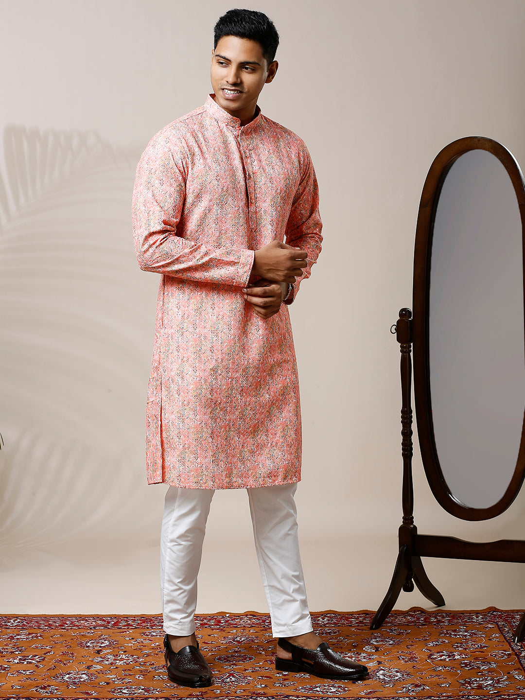 CANDLELIGHT PEACH PRINTED KURTA SET WITH EMBROIDERY & WATER SEQUIN