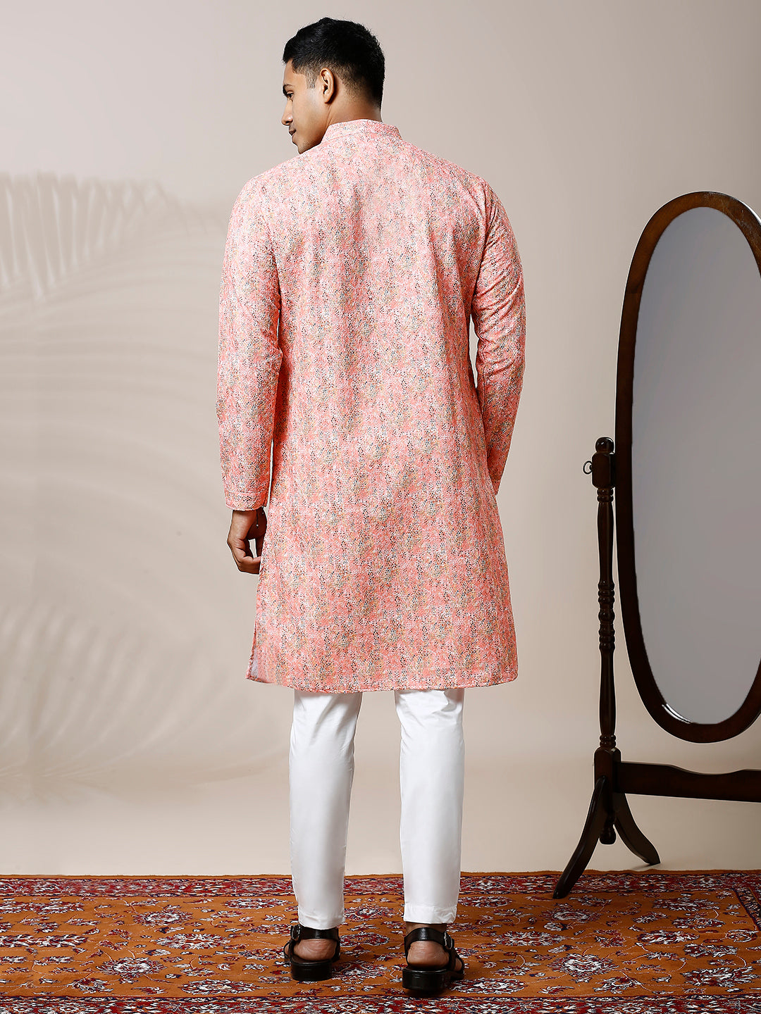 CANDLELIGHT PEACH PRINTED KURTA SET WITH EMBROIDERY & WATER SEQUIN