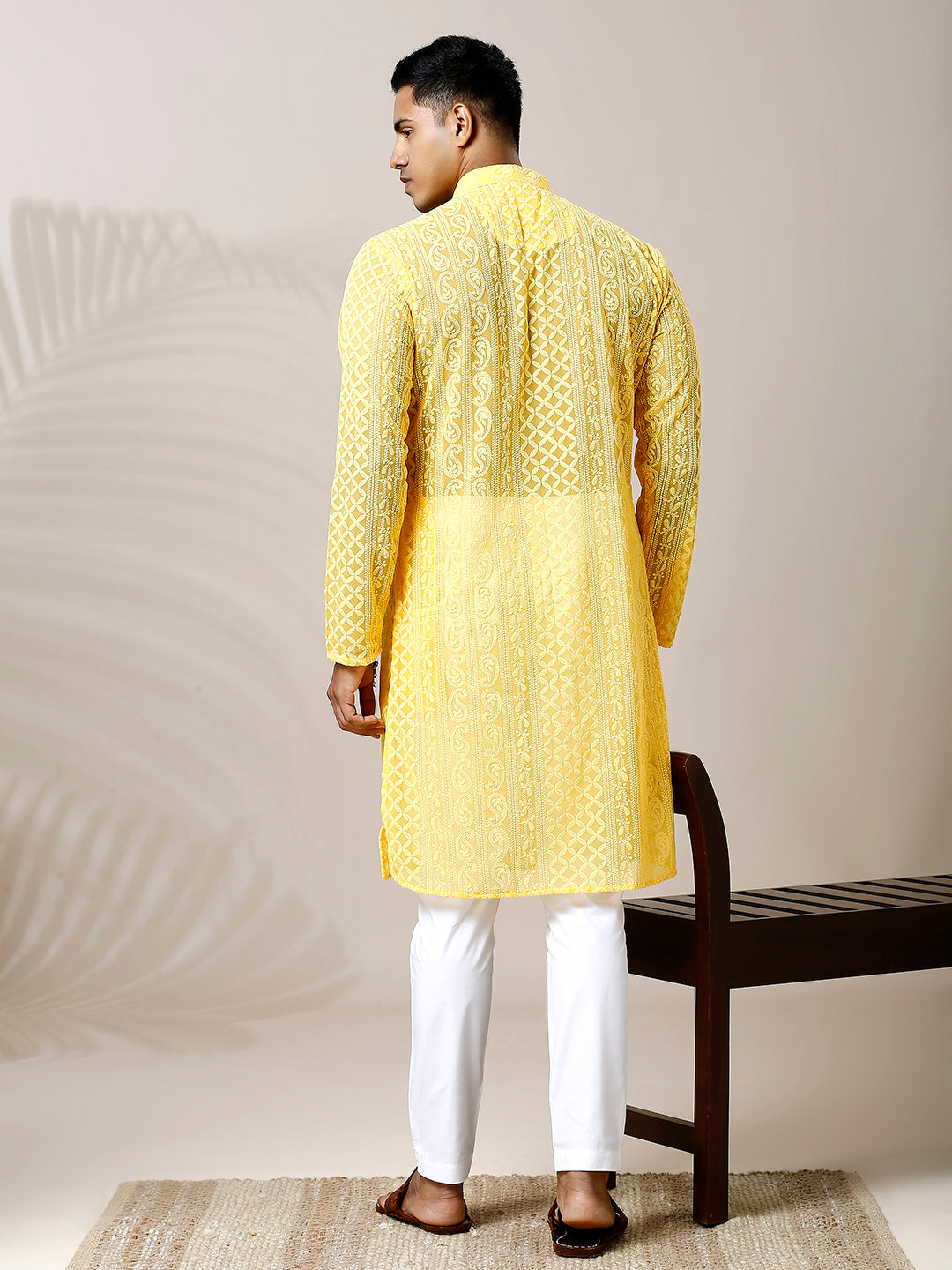 SUMMER HALDI YELLOW CHIKANKARI LUCKNOWI LAKHNAVI KURTA PAISLEY DESIGN HEAVY EMBROIDERY COTTON GEORGETTE