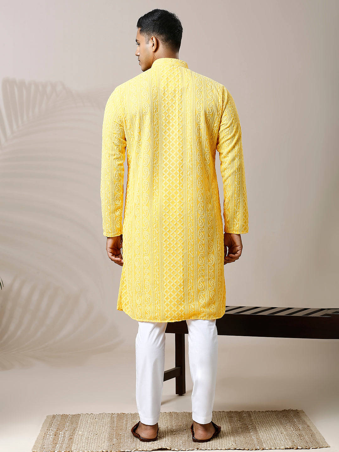 SUMMER YELLOW GEORGETTE PAISLEY DESIGN CHIKANKARI REGULAR FIT KURTA WITH LINING