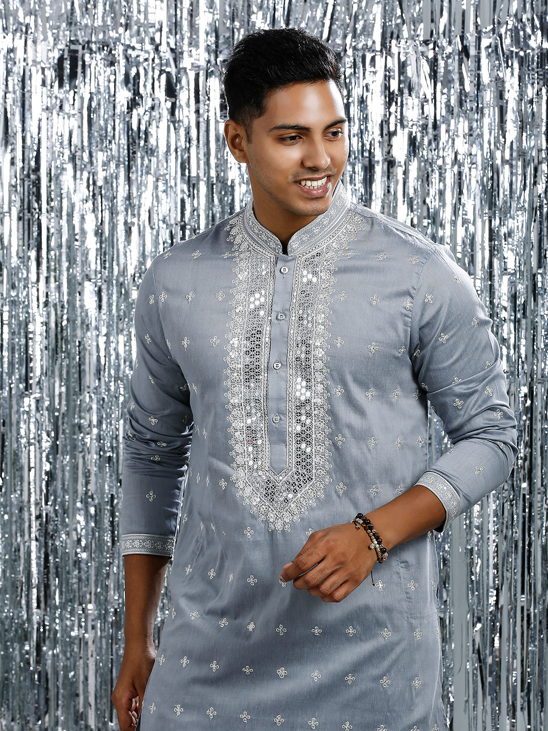 ULTIMATE GREY KURTA PYJAMA SET WITH INTRICATE NECK EMBROIRDERY