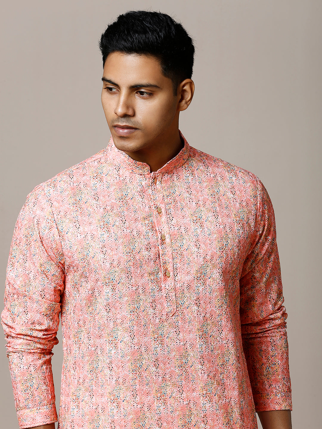 CANDLELIGHT PEACH PRINTED KURTA PYJAMA SET WITH EMBROIDERY & WATER SEQUIN