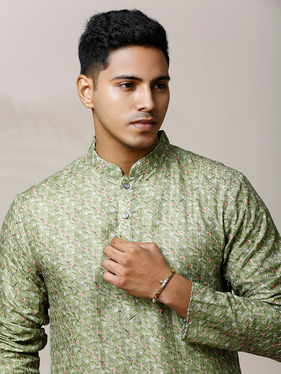 WATERCRESS GREEN PRINTED KURTA PYJAMA SET WITH ZARI & EMBROIDERY