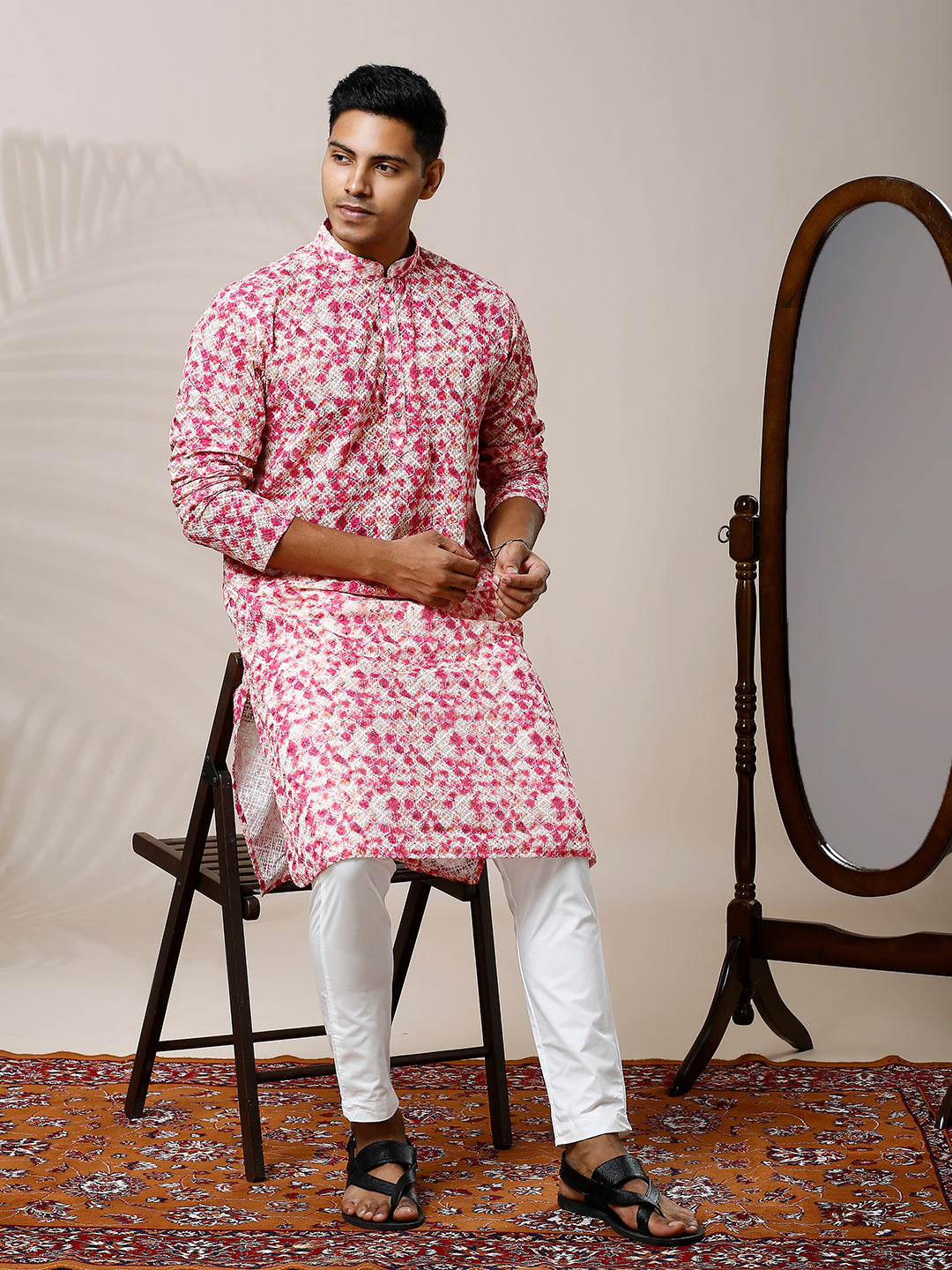 HUES OF PINK ABSTRACT PRINTED KURTA PYJAMA SET WITH EMBROIDERY & WATER SEQUIN