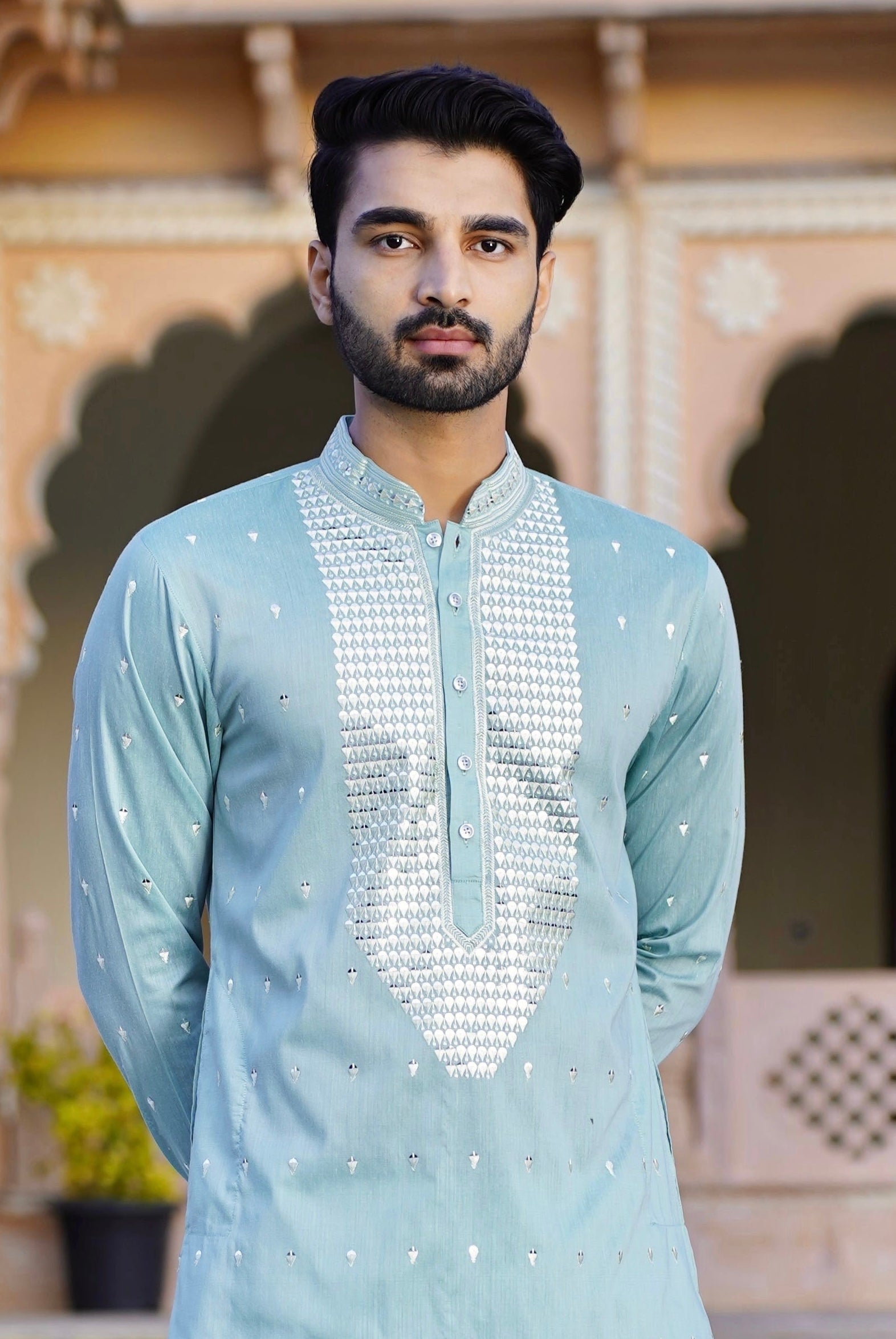 AQUA HAZE KURTA PYJAMA SET WITH ELABORATE EMBROIDERY AROUND PLACKET