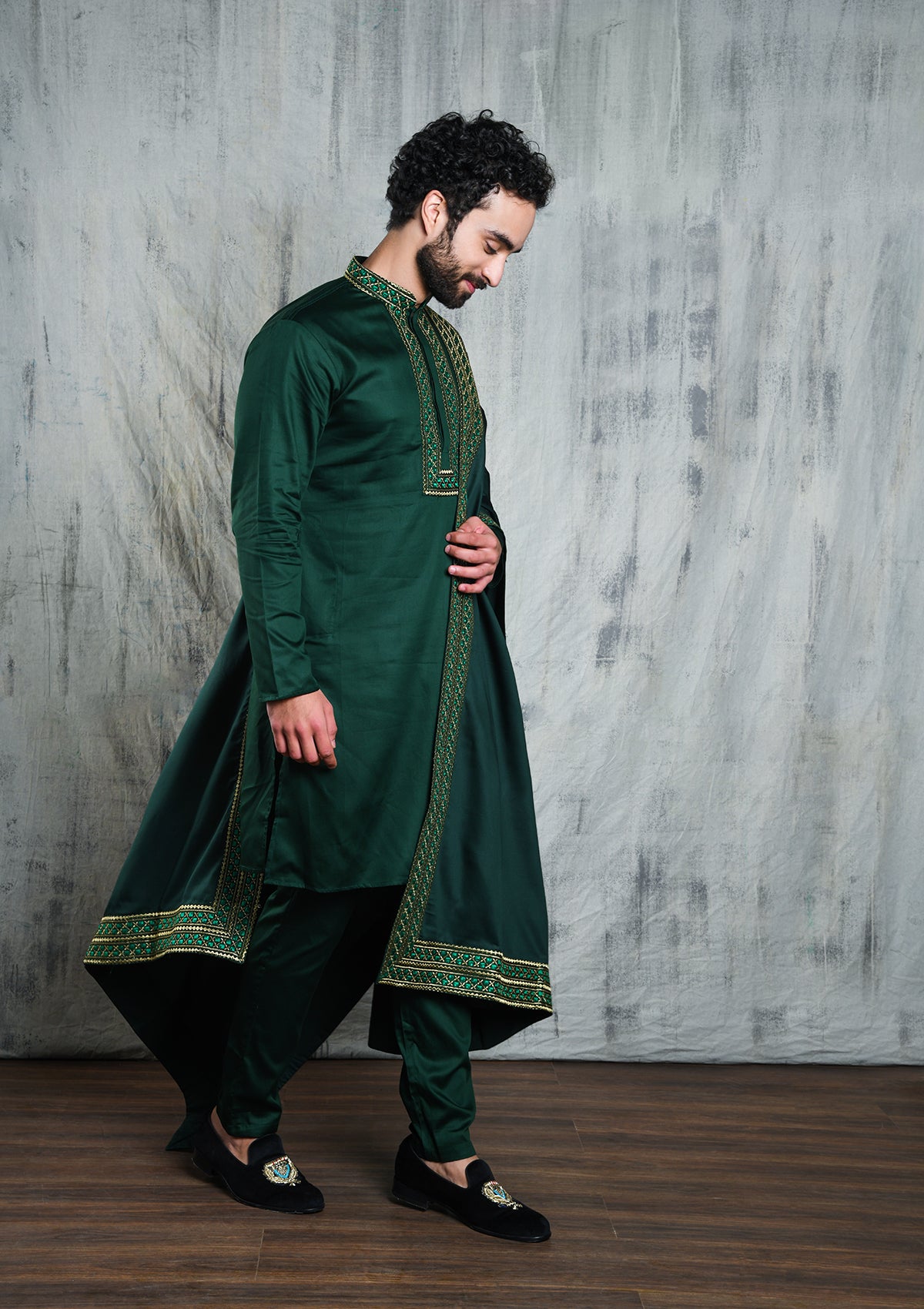 ROYAL GREEN SATIN KURTA PYJAMA DUPATTA SET WITH ZARI EMBROIDERY