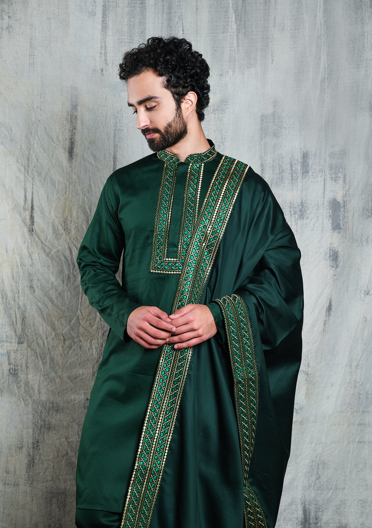 ROYAL GREEN SATIN KURTA PYJAMA DUPATTA SET WITH ZARI EMBROIDERY