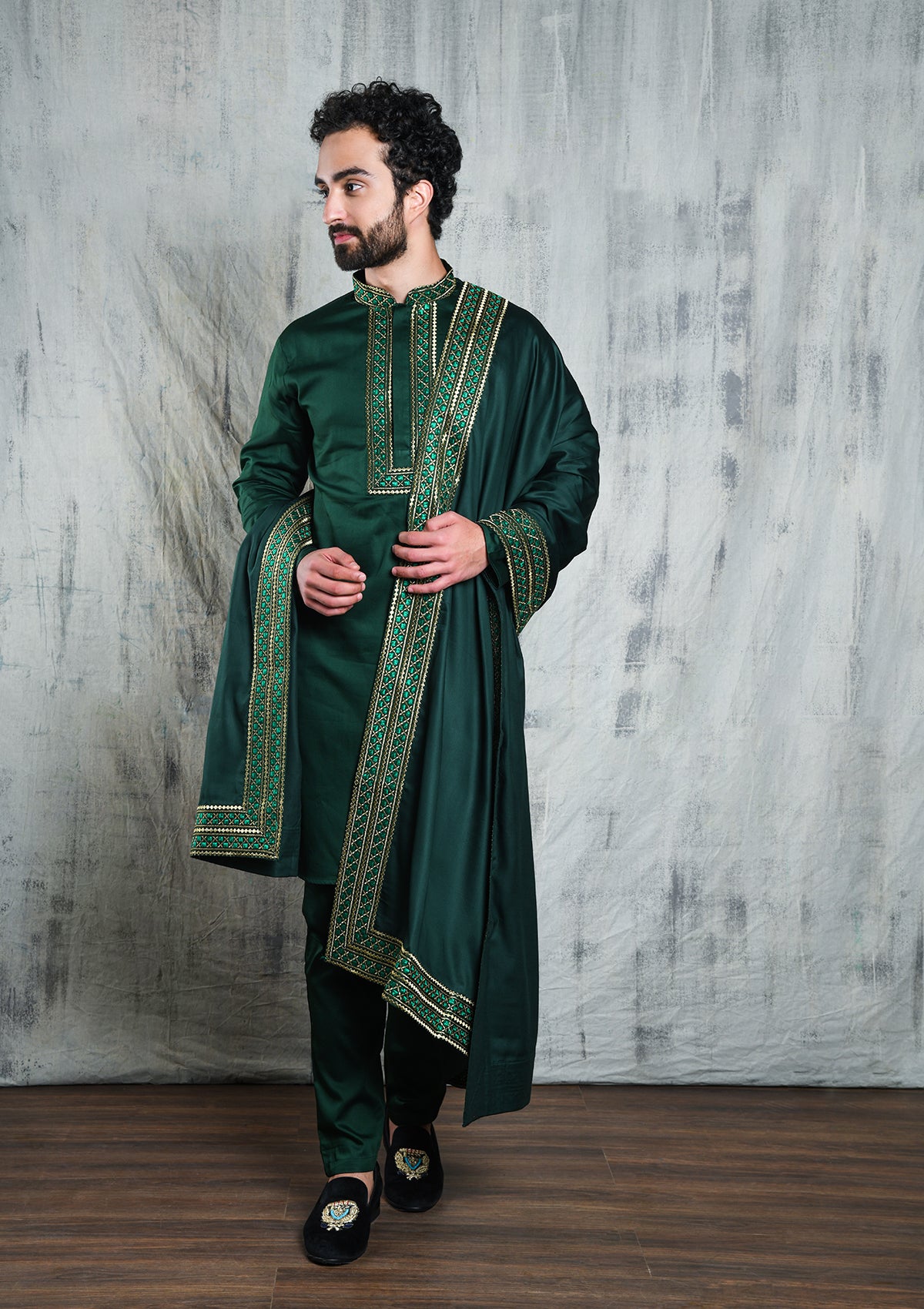 ROYAL GREEN SATIN KURTA PYJAMA DUPATTA SET WITH ZARI EMBROIDERY