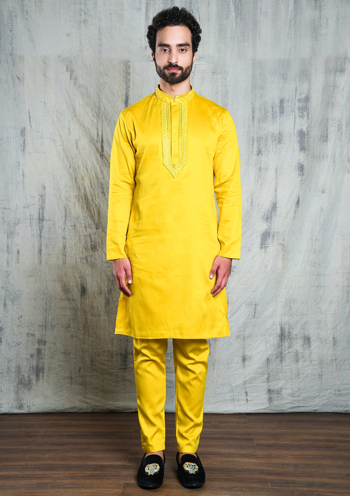 BLAZING YELLOW SATIN KURTA SET WITH V-NECK ZARI EMBROIDERED COLLAR & YOKE PATTI