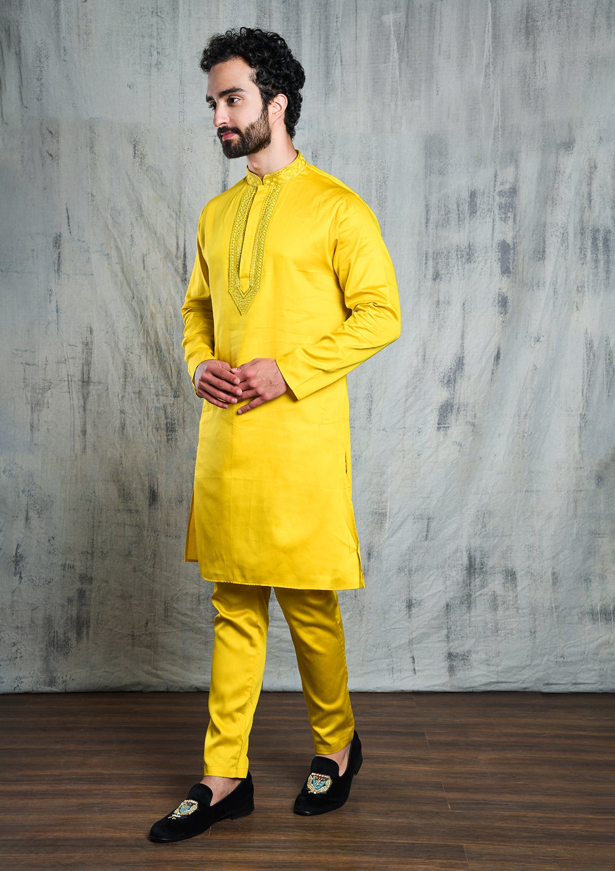 BLAZING YELLOW SATIN KURTA SET WITH V-NECK ZARI EMBROIDERED COLLAR & YOKE PATTI