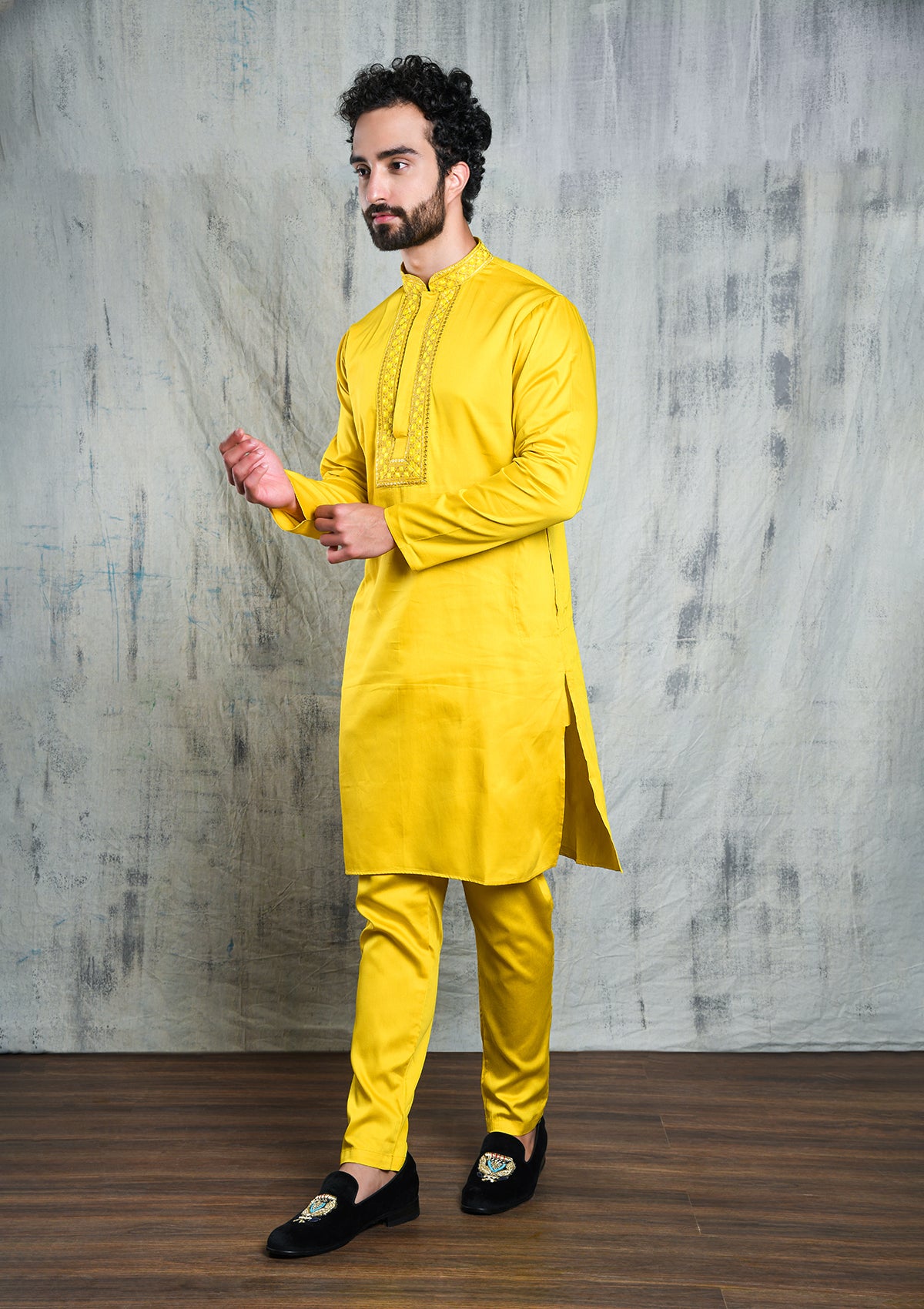 BLAZING YELLOW SATIN KURTA SET WITH U-NECK ZARI EMBROIDERED COLLAR & YOKE PATTI