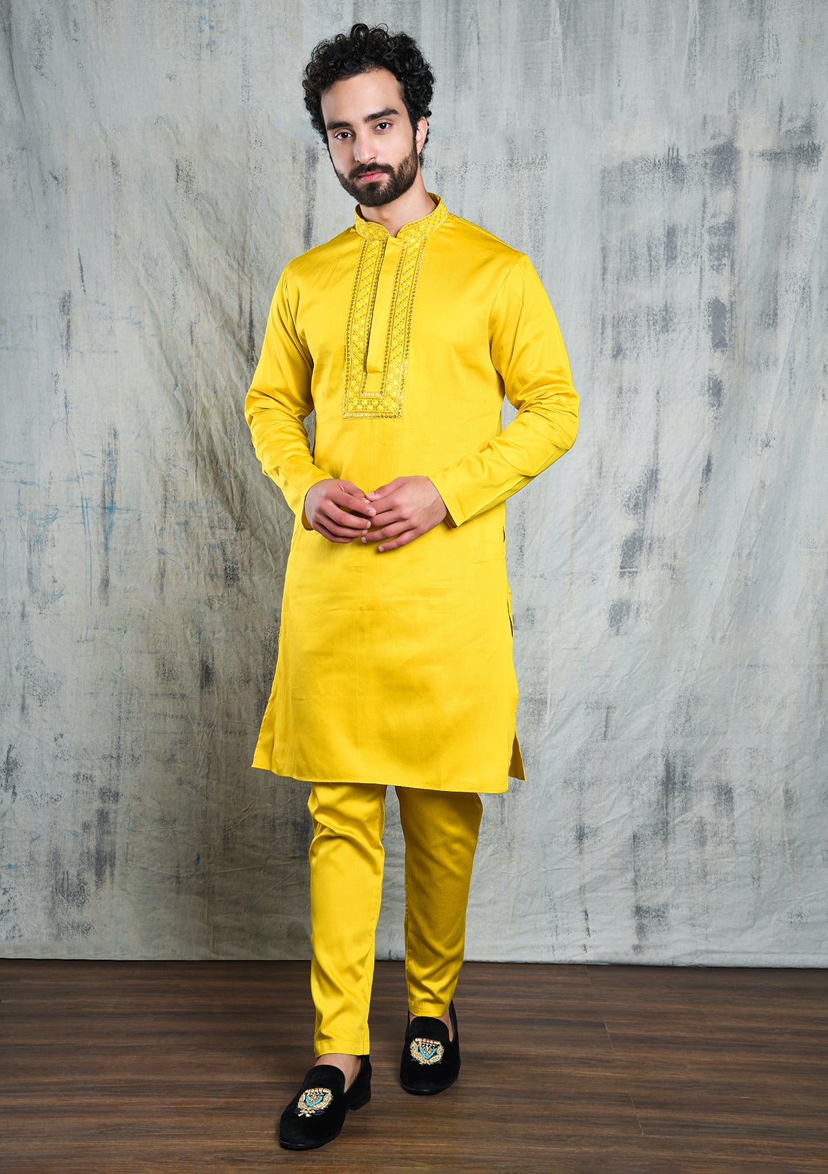 BLAZING YELLOW SATIN KURTA SET WITH U-NECK ZARI EMBROIDERED COLLAR & YOKE PATTI