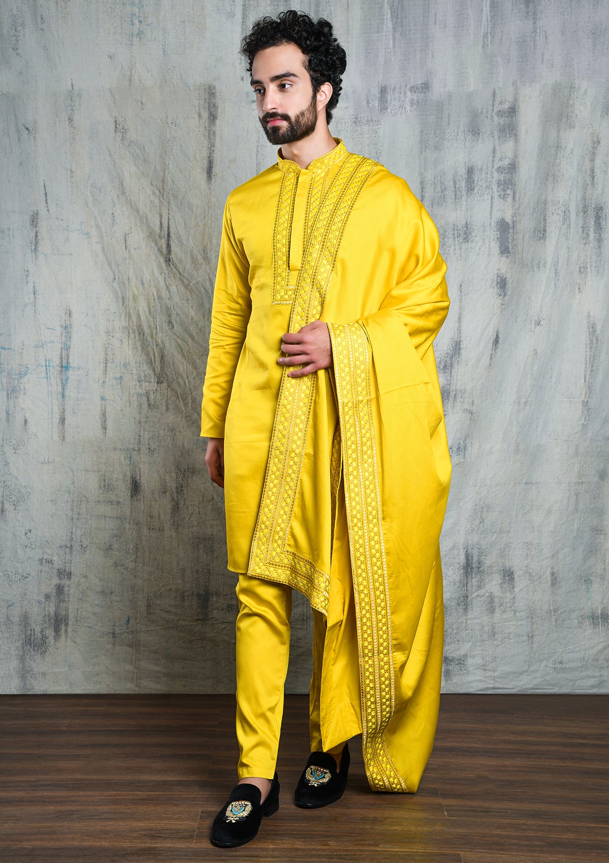 BLAZING YELLOW SATIN KURTA PYJAMA DUPATTA SET WITH ZARI EMBROIDERY