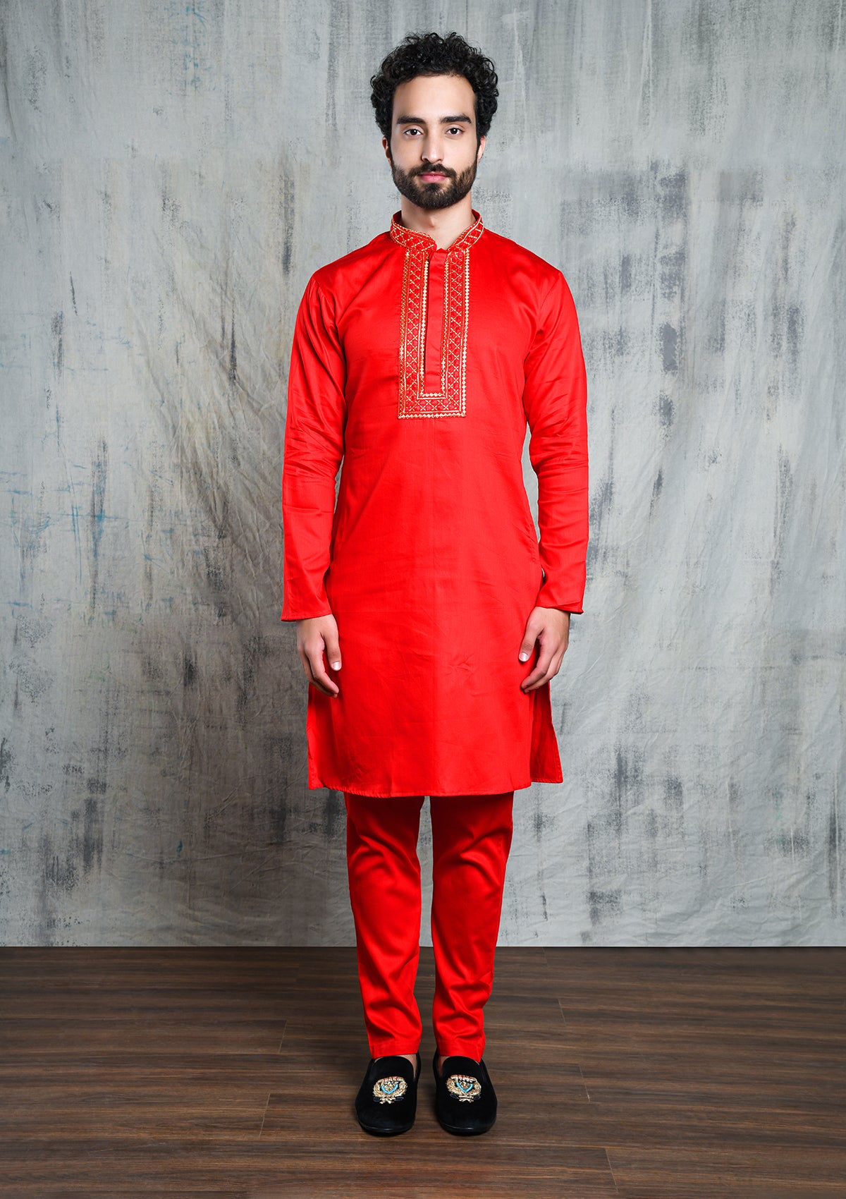 SPACE RED SATIN KURTA SET WITH U-NECK ZARI EMBROIDERED COLLAR & YOKE PATTI