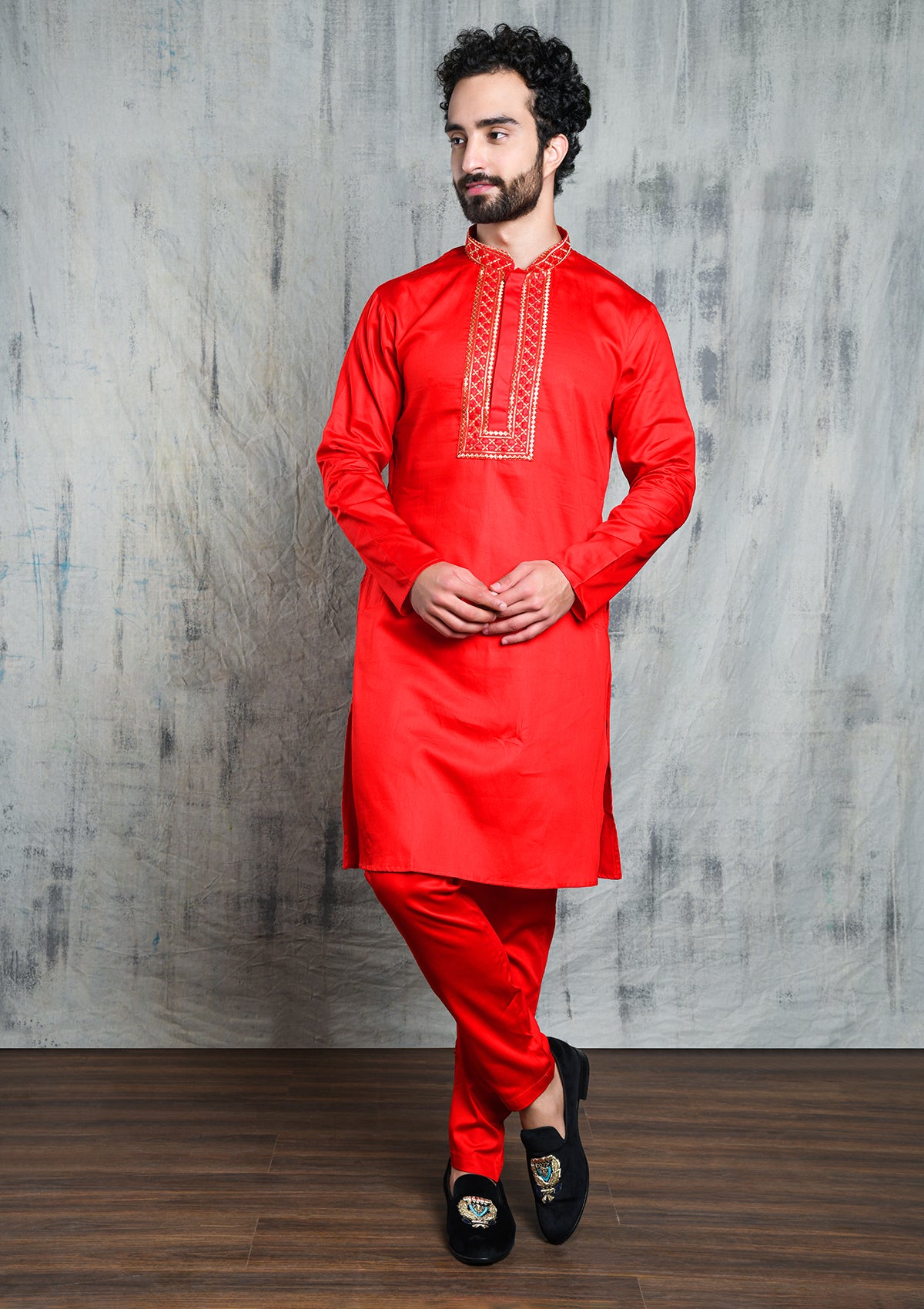 SPACE RED SATIN KURTA SET WITH U-NECK ZARI EMBROIDERED COLLAR & YOKE PATTI