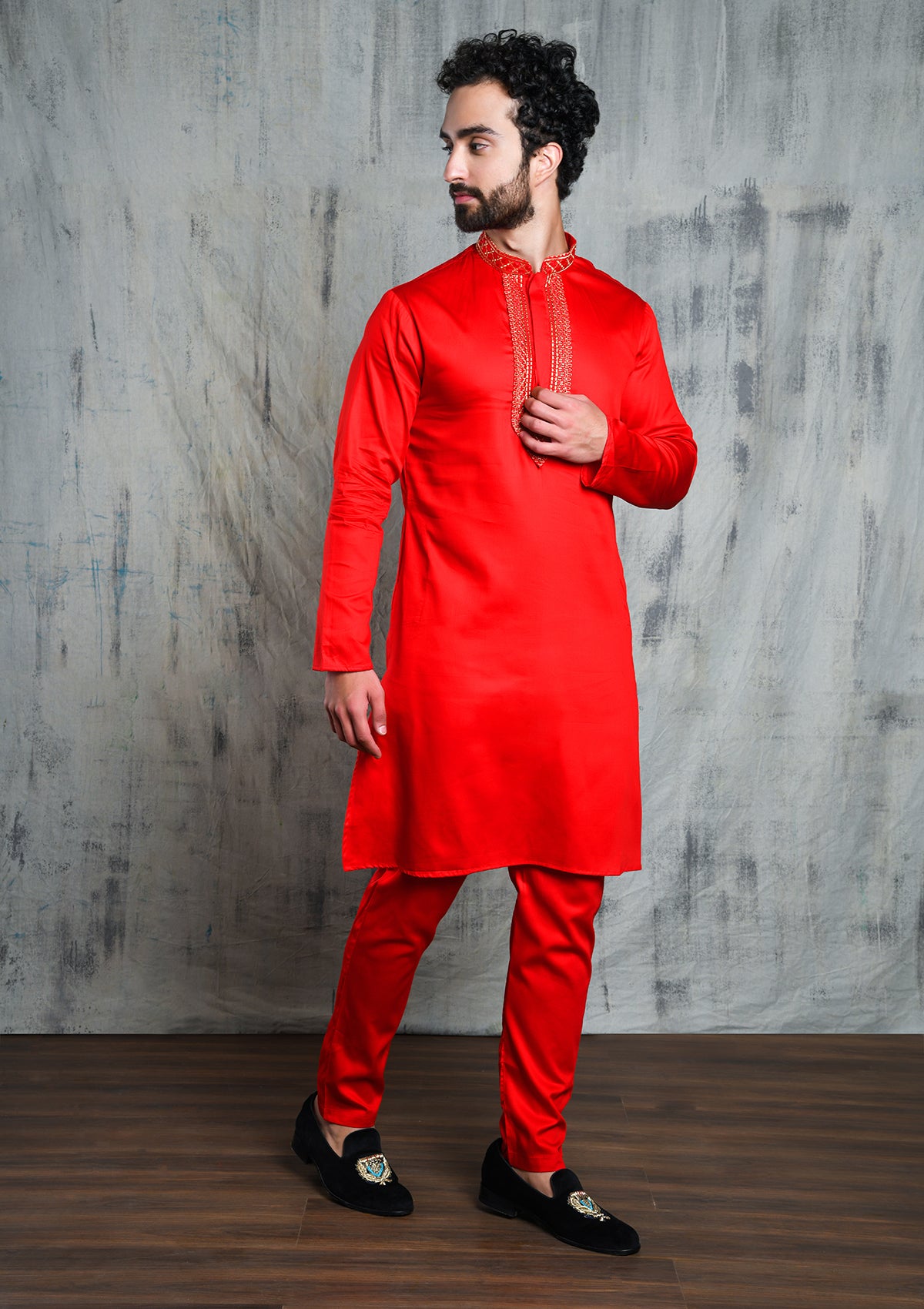 SPACE RED SATIN KURTA SET WITH V-NECK ZARI EMBROIDERED COLLAR & YOKE PATTI