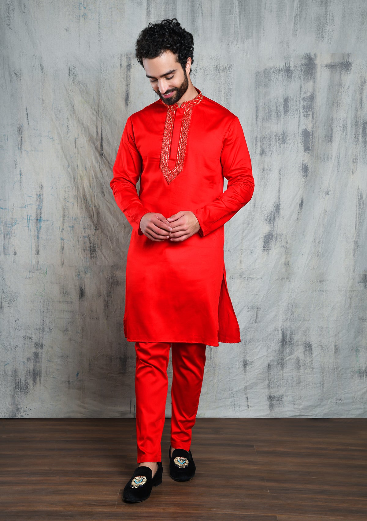 SPACE RED SATIN KURTA SET WITH V-NECK ZARI EMBROIDERED COLLAR & YOKE PATTI