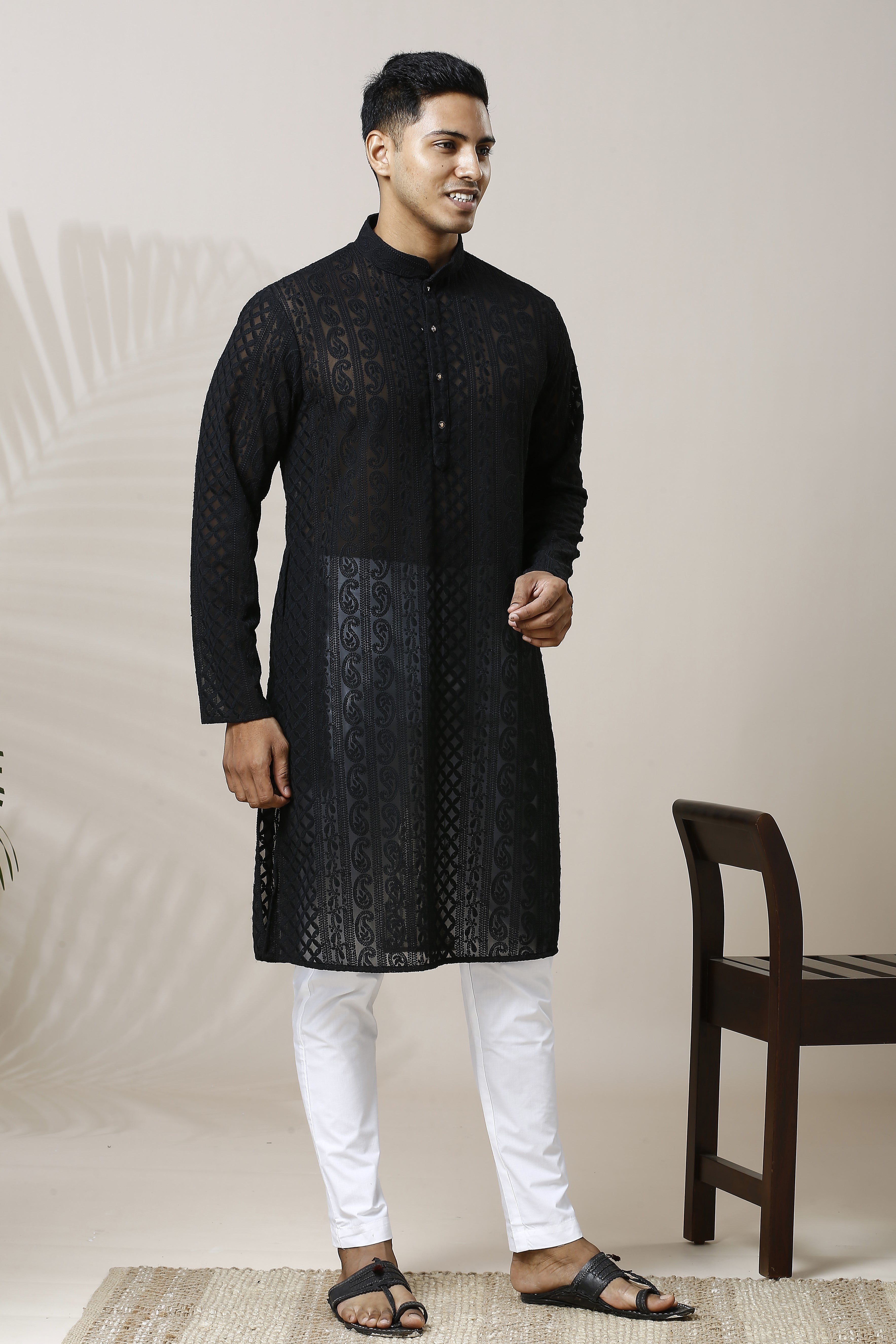 MIDNIGHT BLACK CHIKANKARI KURTA IN GEORGETTE BASE WITH PAISLEY DESIGN