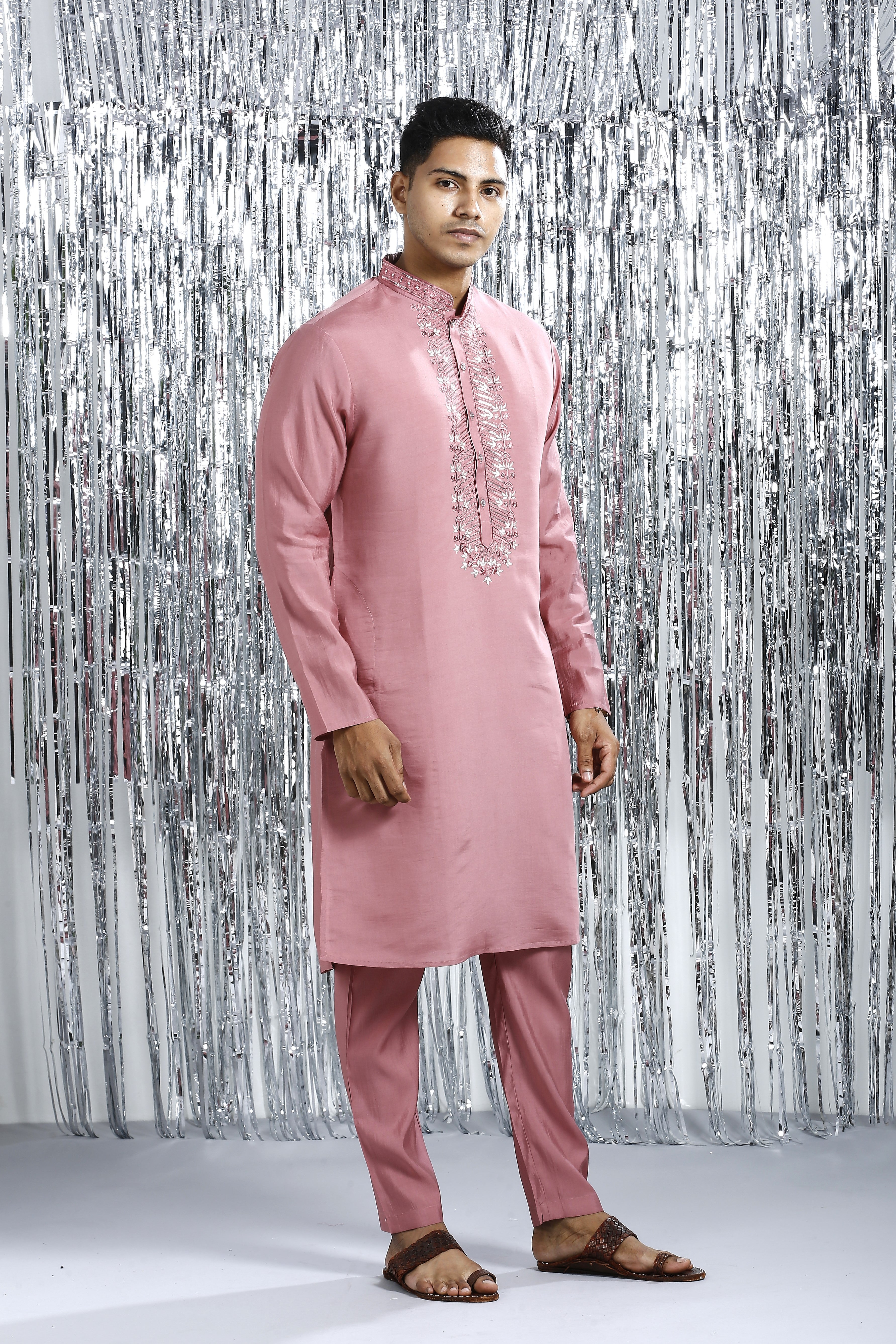 CARMINE PINK KURTA SET WITH INTRICATE EMBROIDERY AROUND NECKLINE