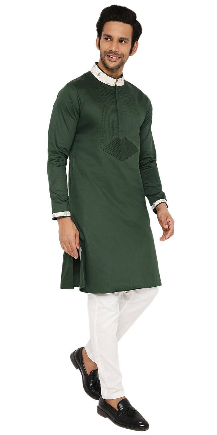 BOTTLE GREEN KURTA PYJAMA SET WITH EMBROIDERED COLLAR & PLEATED NECK DETAIL