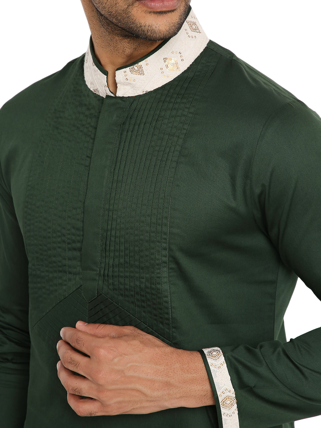 BOTTLE GREEN KURTA PYJAMA SET WITH EMBROIDERED COLLAR & PLEATED NECK DETAIL