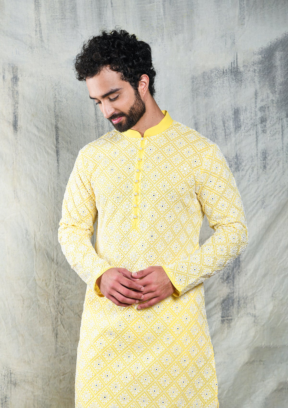 BRIGHT YELLOW MIRROR ABLA EMBROIDERED KURTA SET WITH PEARL BUTTON DETAIL