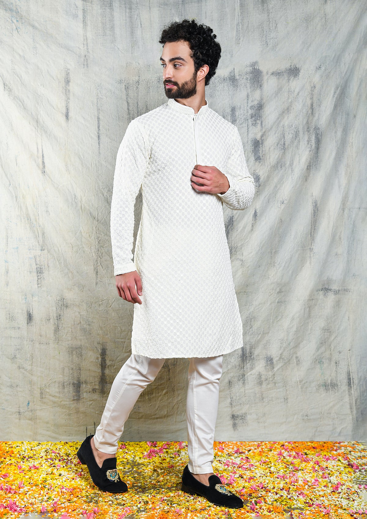 Be Desi Ivory embroidered kurta pyjama se with sequins work