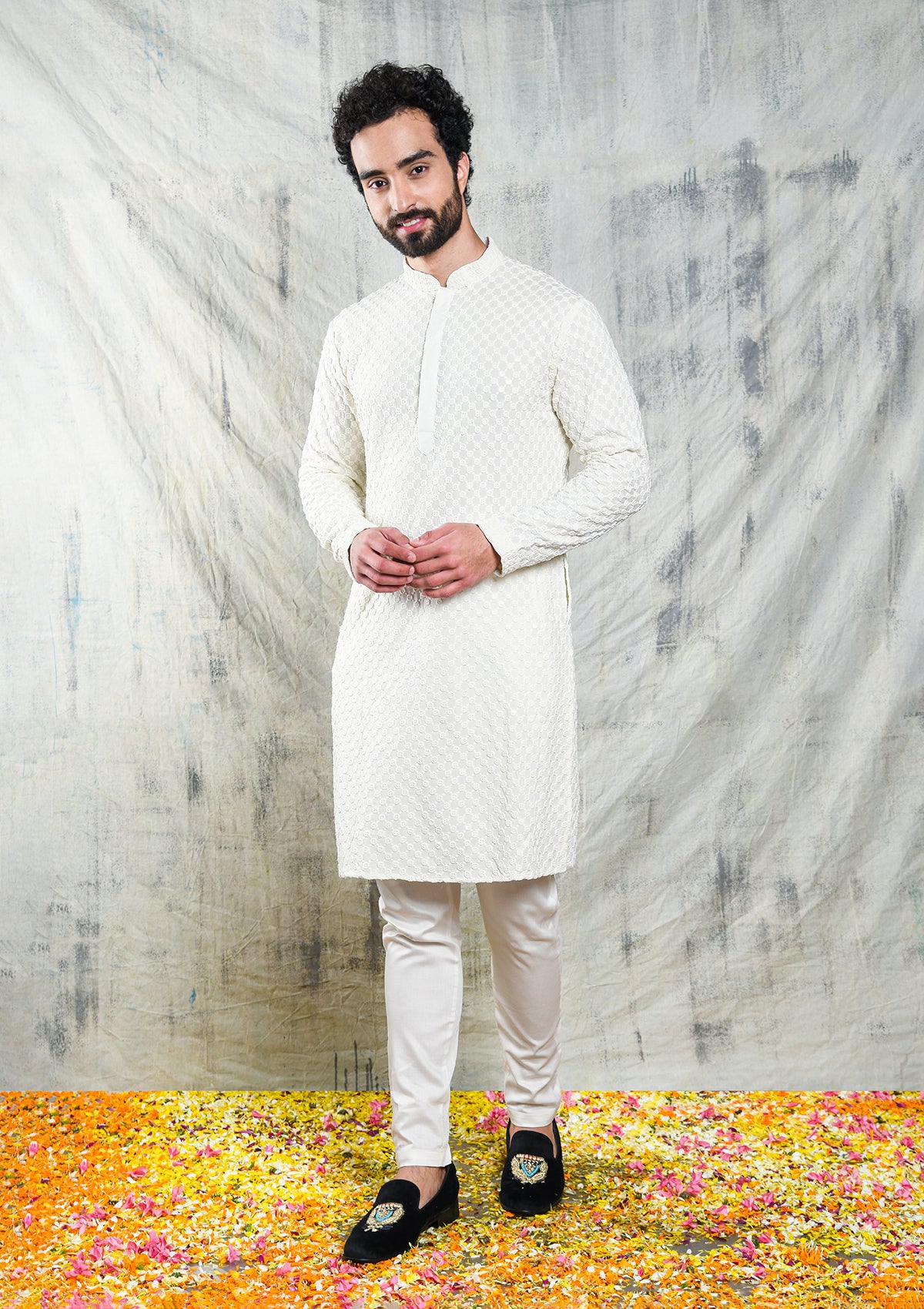 Be Desi Ivory embroidered kurta pyjama se with sequins work