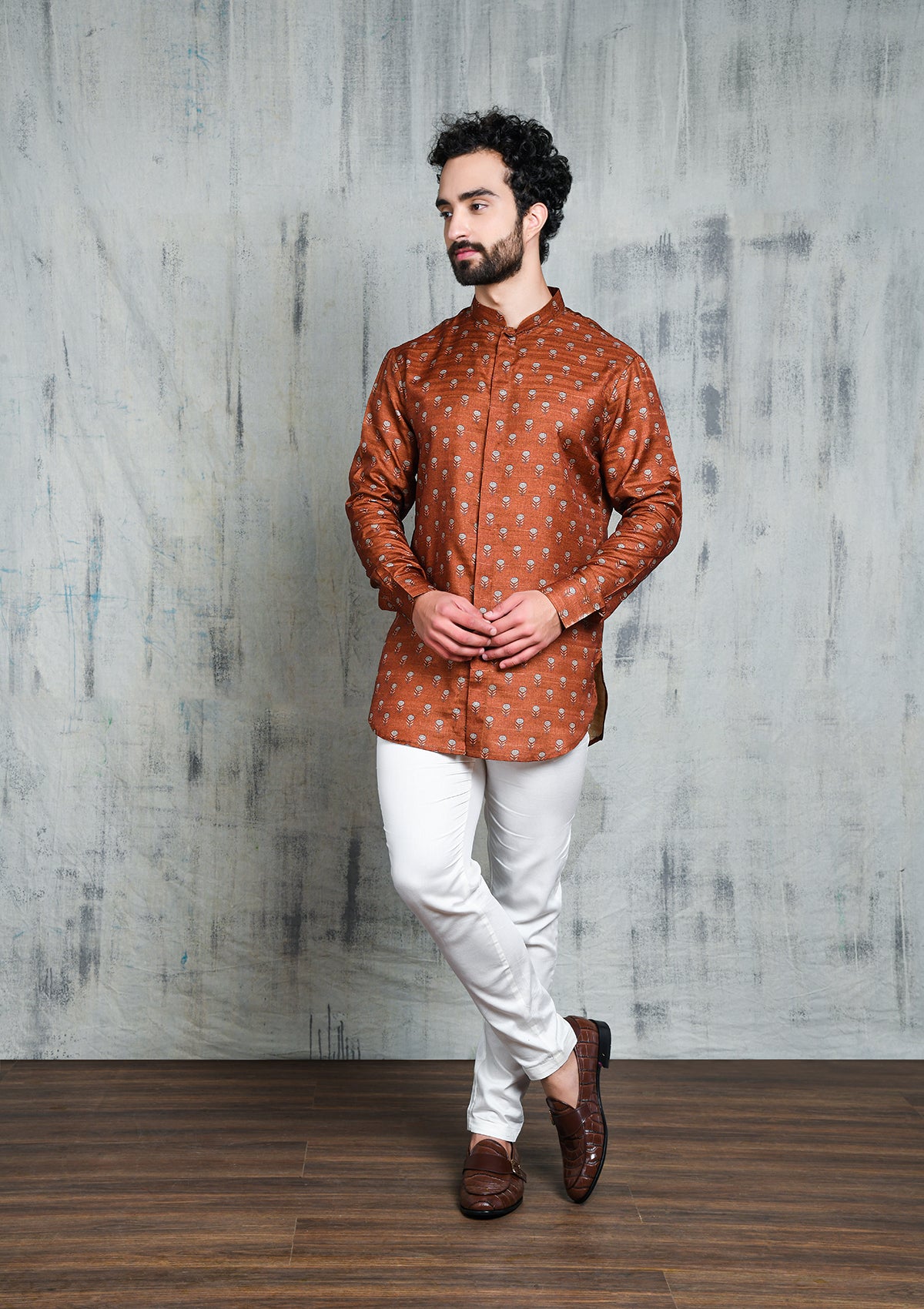 LEATHER BROWN FLORAL PRINTED SHORT BUTTON UP KURTA