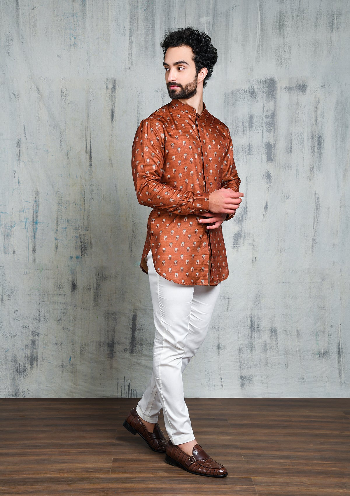 LEATHER BROWN FLORAL PRINTED SHORT BUTTON UP KURTA