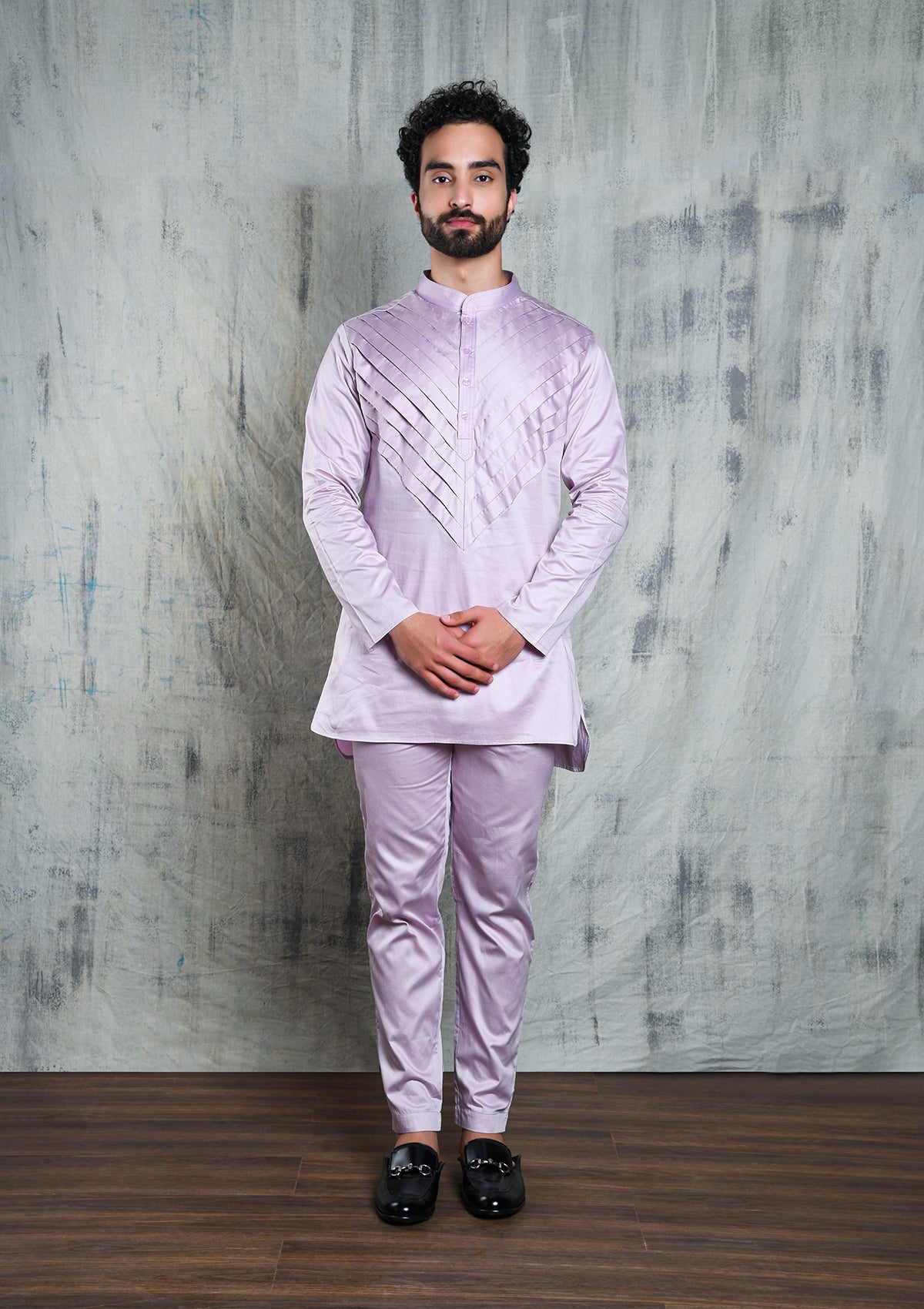 LAVENDER ARROW PLEATED SATIN SHORT CO-ORD KURTA SET