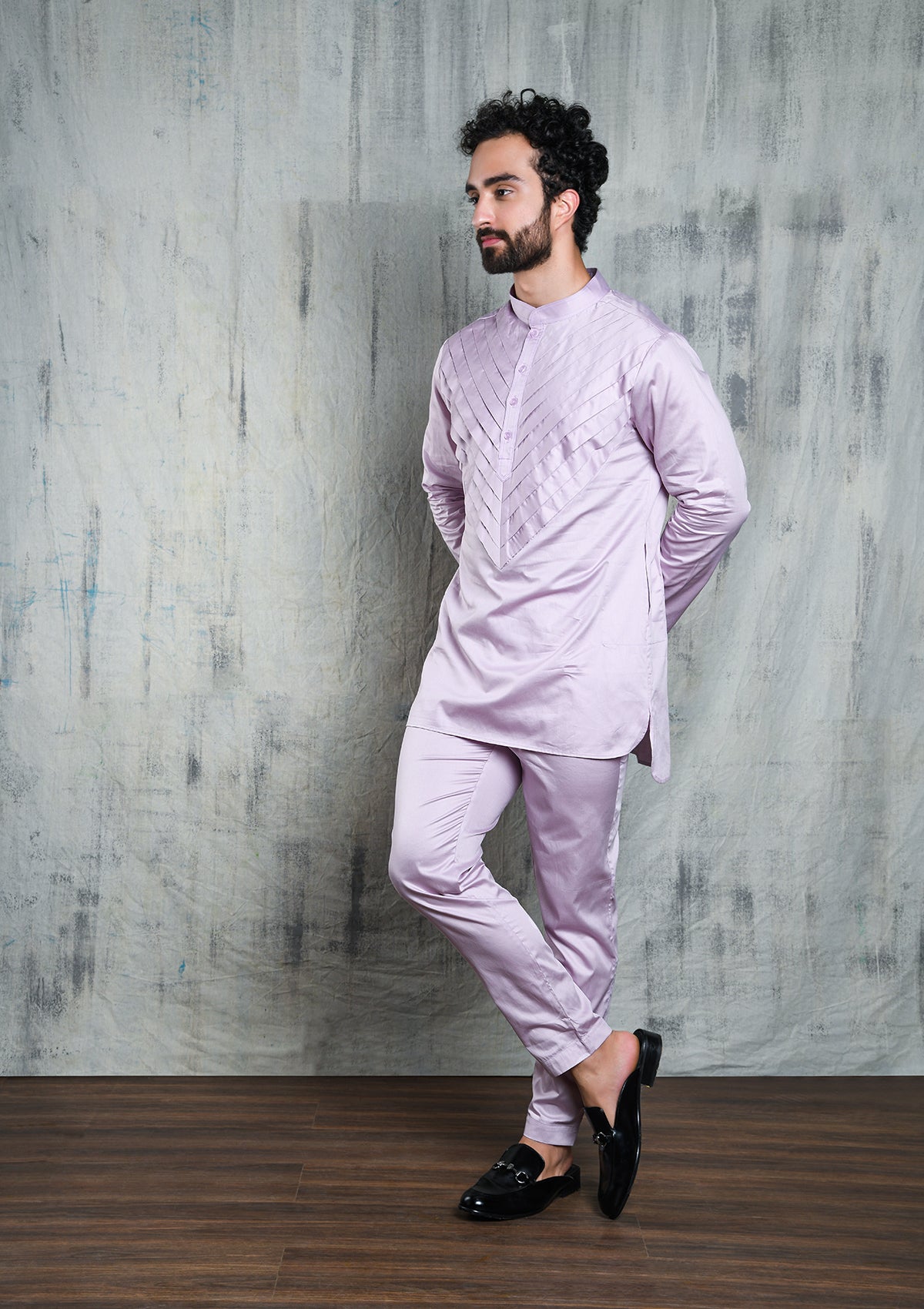 LAVENDER ARROW PLEATED SATIN SHORT CO-ORD KURTA SET